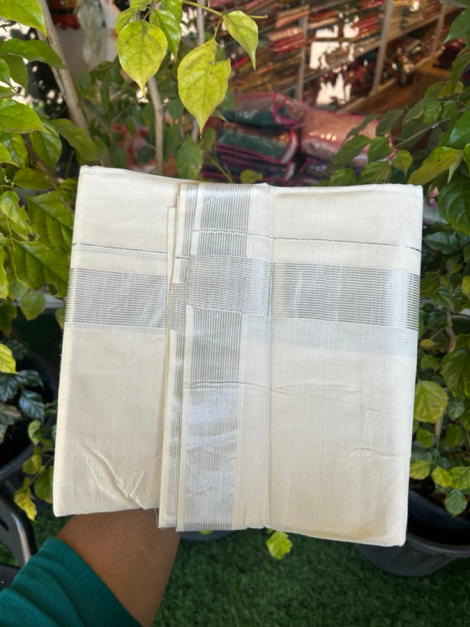 20% DISCOUNT! KaithariKada Balaramapuram 100% Cotton Double Off white - (Unbleached) Mundu/Dhoti- 80X72- 1.5 inch Silver Kasav Striped Kara - 3 KK5308 VIN