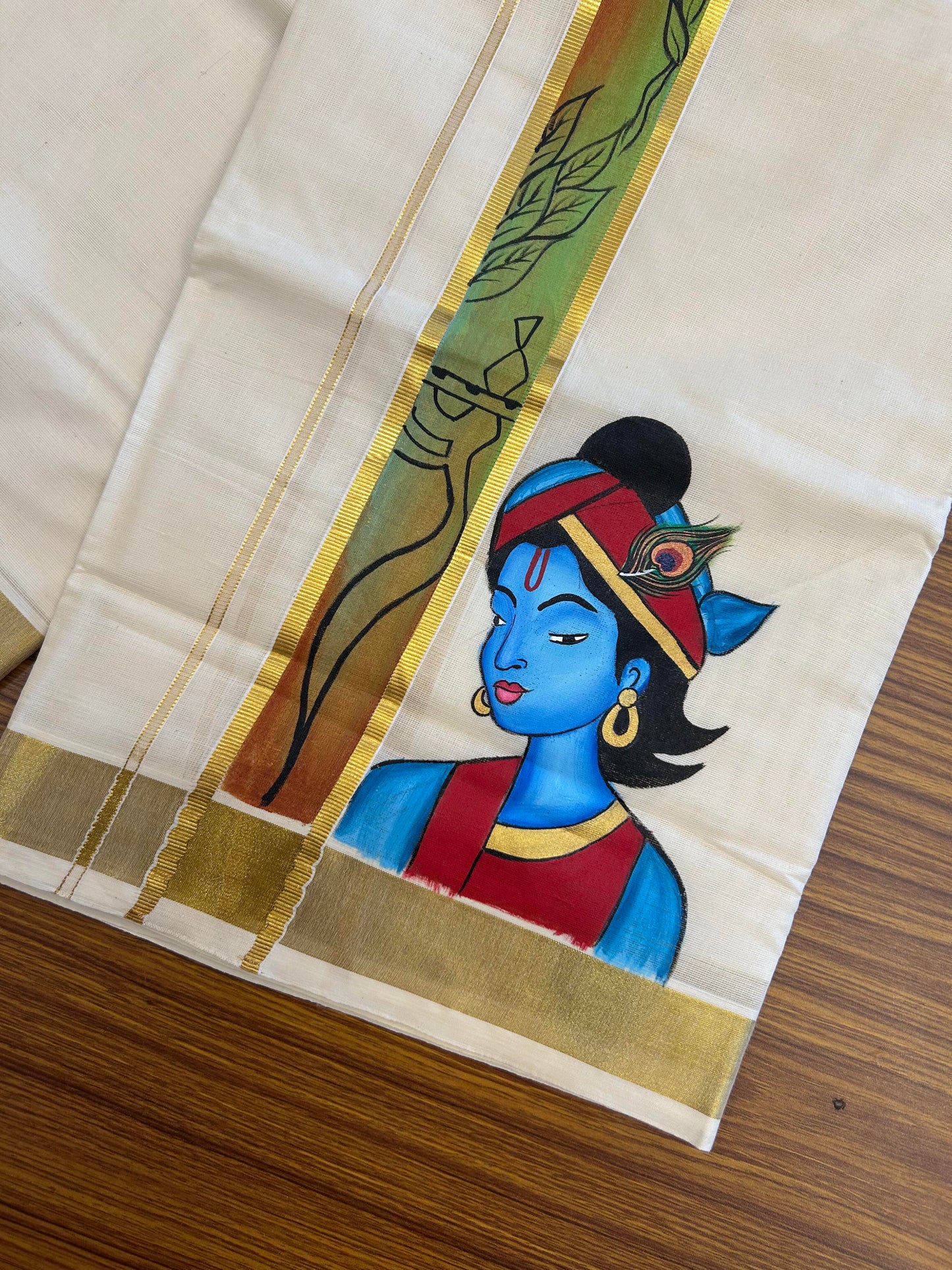 20% Discount! KaithariKada Balaramapuram 100% Cotton off white Double - (Unbleached) Mundu/Dhoti (80s) - 1.75 Inch Gold Kasavu Hand Painted Red Green Leaf & Krishna - 84 KK5363 VIN