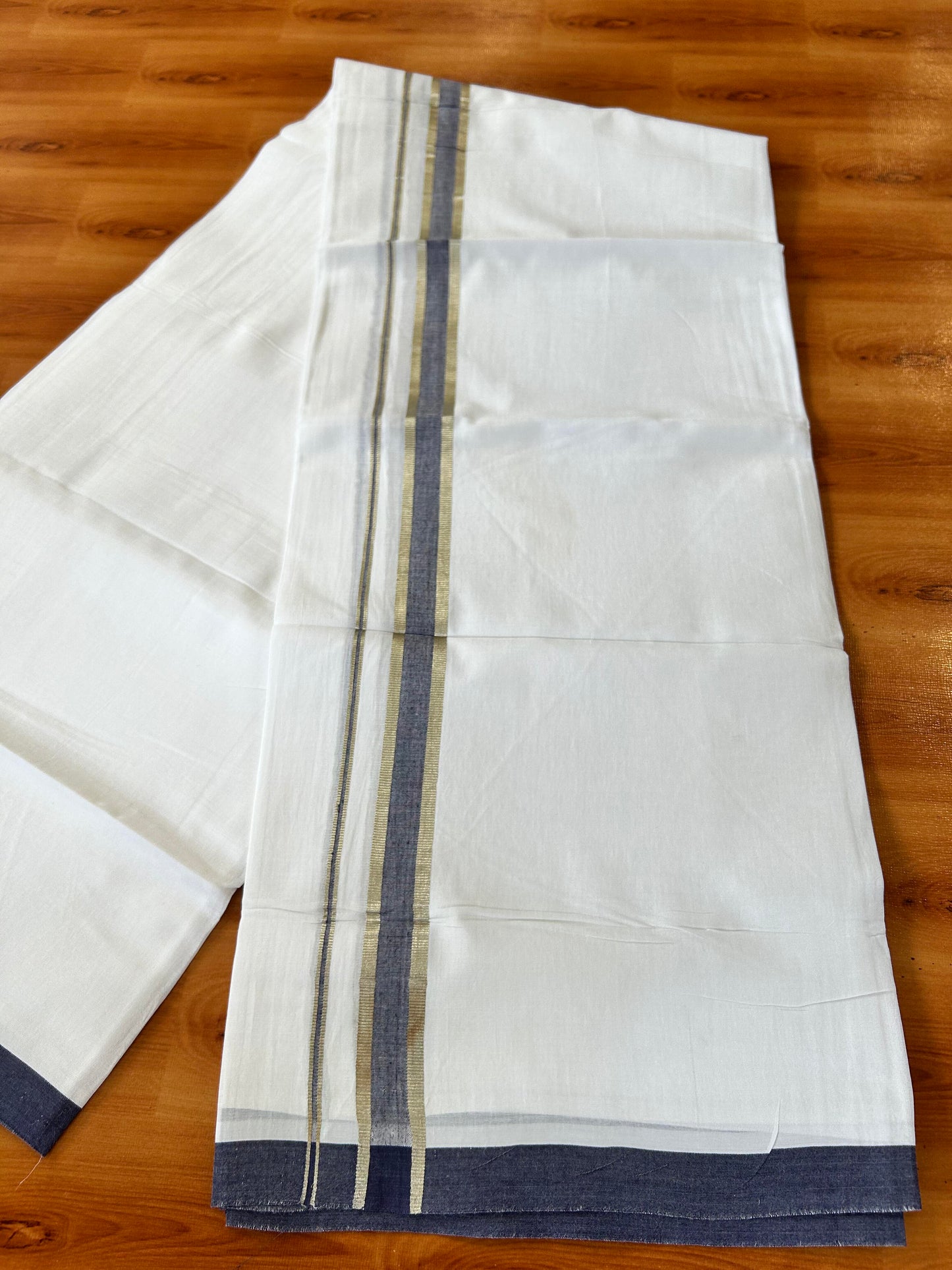 Pure White Double Mundu/Dhoti - 20% Discount ! Kaitharikada 100% Cotton - 100x80 - 1 inch Silver Kasav & Navy Blue Kara 3.80 mtr (8 muzham) - 32 KK5456 THI