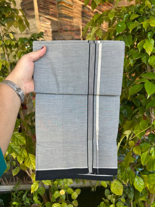 33% Discount !! KaithariKada 100% Pure Cotton - Colour Mundu Single Mundu/ Dhothi Ash Grey Colour Body & Black Striped Silver Chutty 0.75 inch Kara (2 metre / 4 muzham)- 5 KK5308 ASH