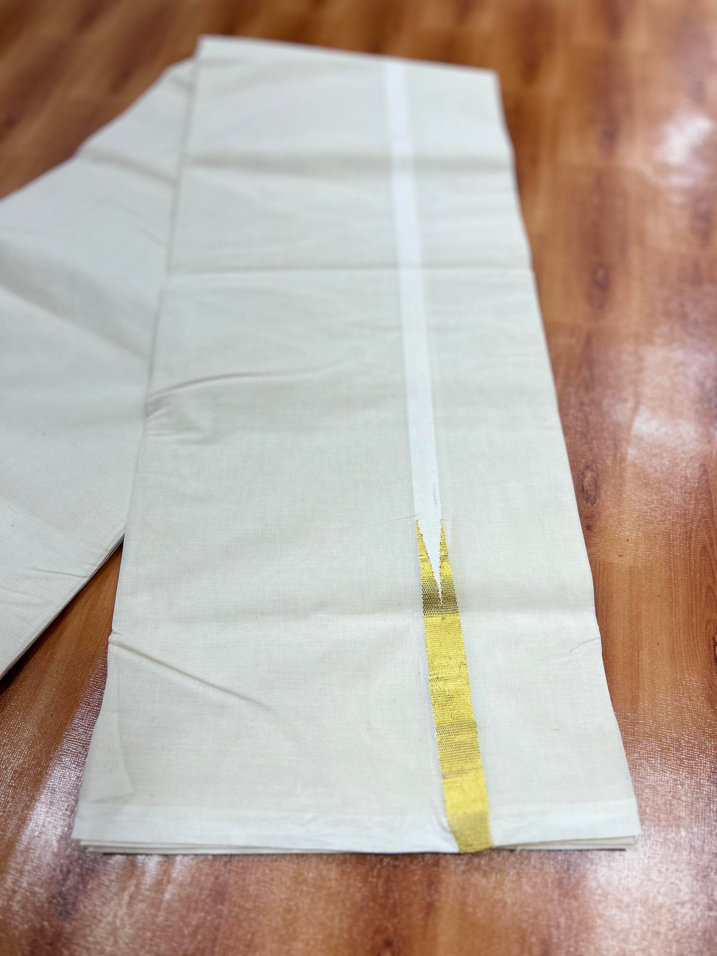 Double Off white Mundu/Dhoti - 20% Discount! KaithariKada Balaramapuram 100% Cotton - 100x100 - 0.5 inch Puliyilakkara Gold Kasav Chutty Kara - 4 mtr (8.5 muzham) - 10 KK5401 ASH