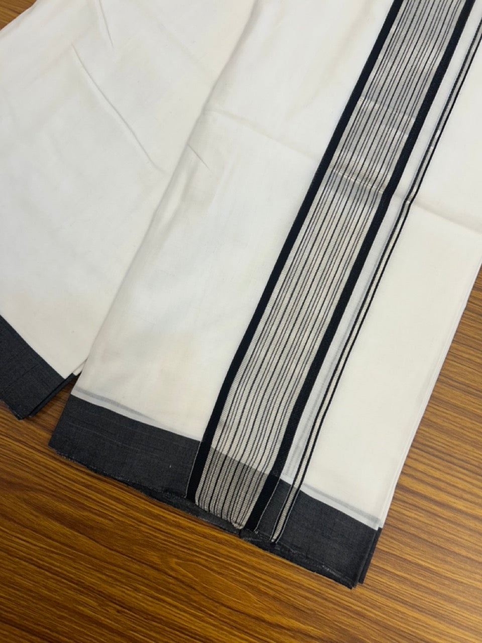 25% Discount!! New Ultra Pure White Thread Handloom Balaramapuram - 100% Mercerised Cotton Double Mundu/Dhoti - 120 x120 - Silver Kasav & Black Striped Kara - 1 KK5307 SAS