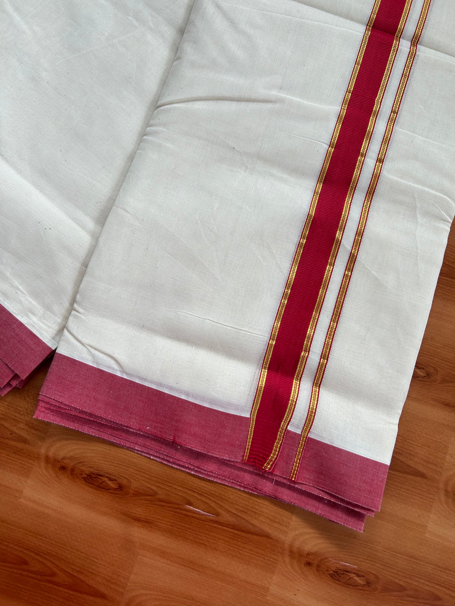 20% Discount!! KaithariKada Balaramapuram 100% Cotton Double Off White - (Unbleached) Mundu/Dhoti-100x100 - 1.25 inch Gold Kasav & Red Striped Katti Kara- 3.75 mtr (8 Muzham) - 32 KK5381 ASH