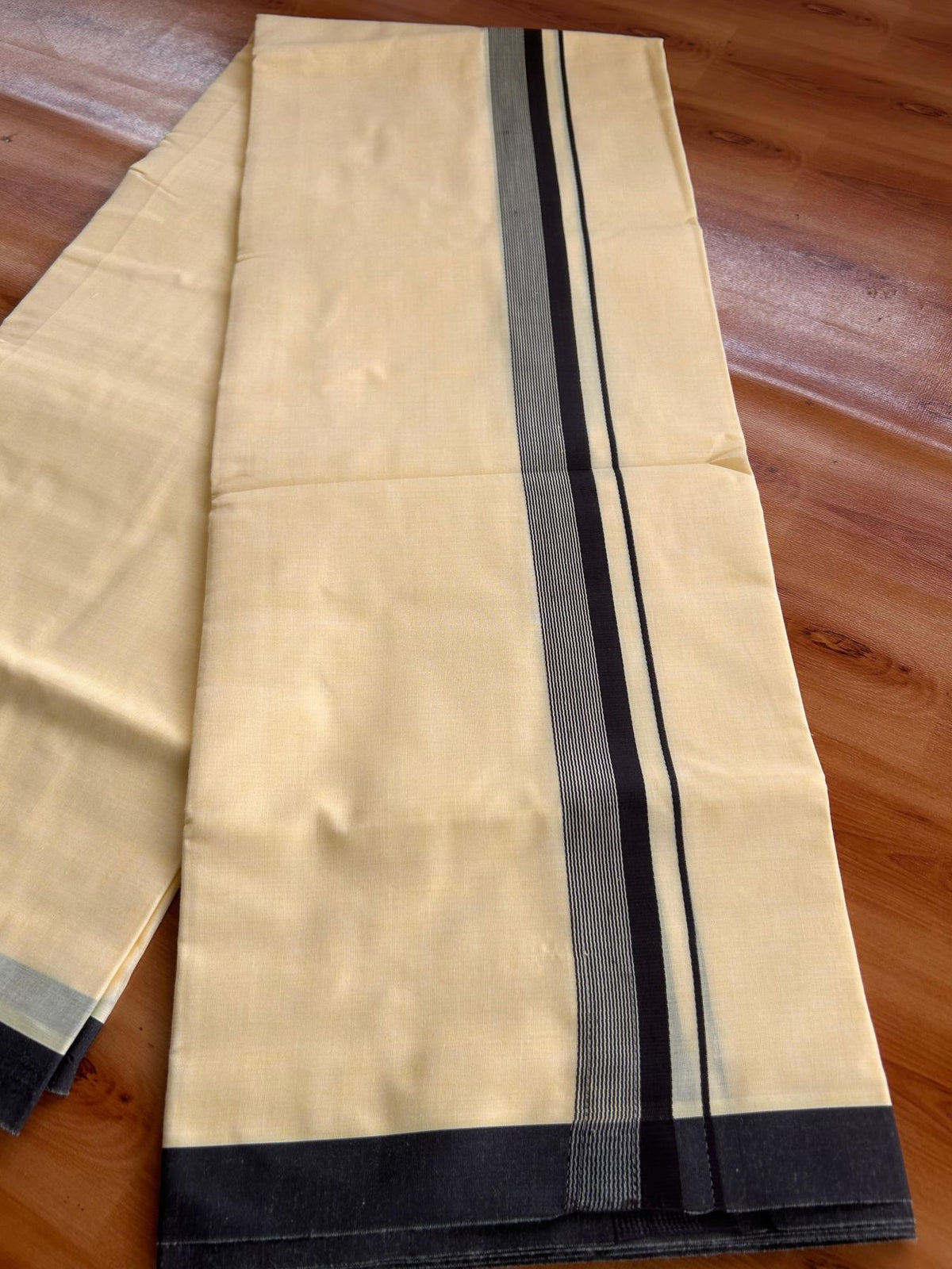 Kannur Yellow Double Mundu/Dhoti - 20% Discount! KaithariKada - 60s - 50% Cotton & 50% Polyester - Kannur Yellow Colour Body with 1.25 inch Brown Striped Kara - 4 mtr (8.5 muzham) - 8 KK5522 VAS