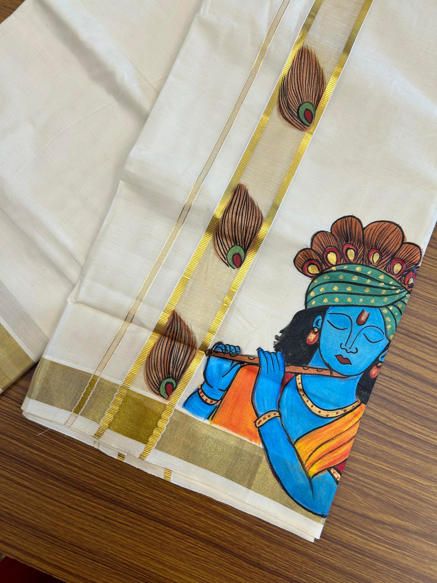 20% Discount! KaithariKada Balaramapuram 100% Cotton off white Double - (Unbleached) Mundu/Dhoti (80s) - 1.75 Inch Gold Kasavu Hand Painted Peacock Feather & Krishna - 35 KK5363 VIN