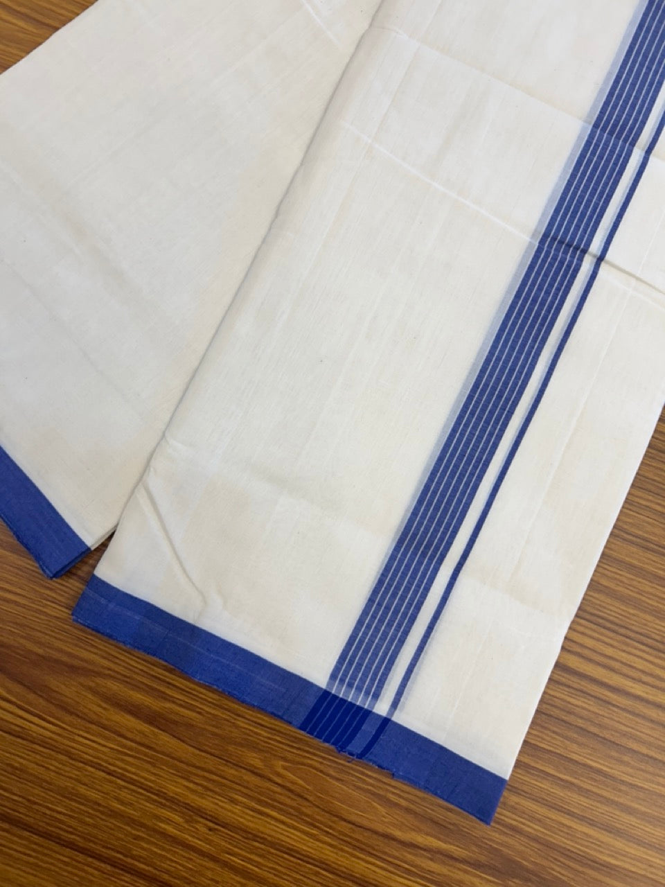 25% Discount ! Kaitharikada Handloom Unakkupaav Balaramapuram - 100% Pure Cotton Off White - (Unbleached) Double Mundu/Dhoti - 100x80 - 1 inch Blue Striped Kara 4 mtr (8.5 Muzham) - 2 KK5307 SAS