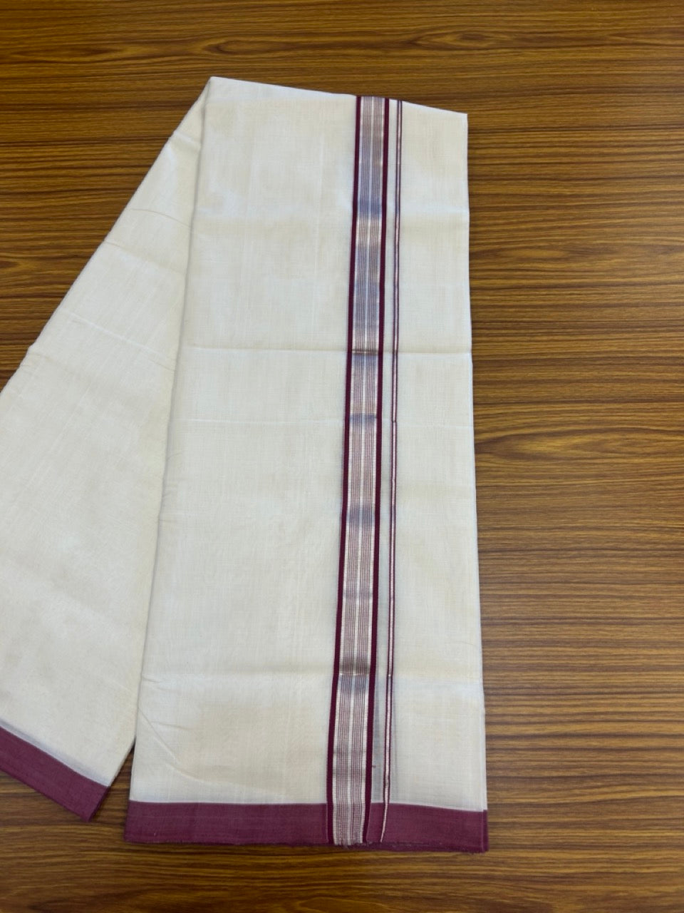 25% Discount ! Kaitharikada Handloom Unakkupaav Balaramapuram - 100% Pure Cotton Off White - (Unbleached) Double Mundu/Dhoti - 100x80 - 1.25 inch Silver Kasav & Wine Purple Striped Kara 4 mtr (8.5 Muzham) - 3 KK5307 SAS
