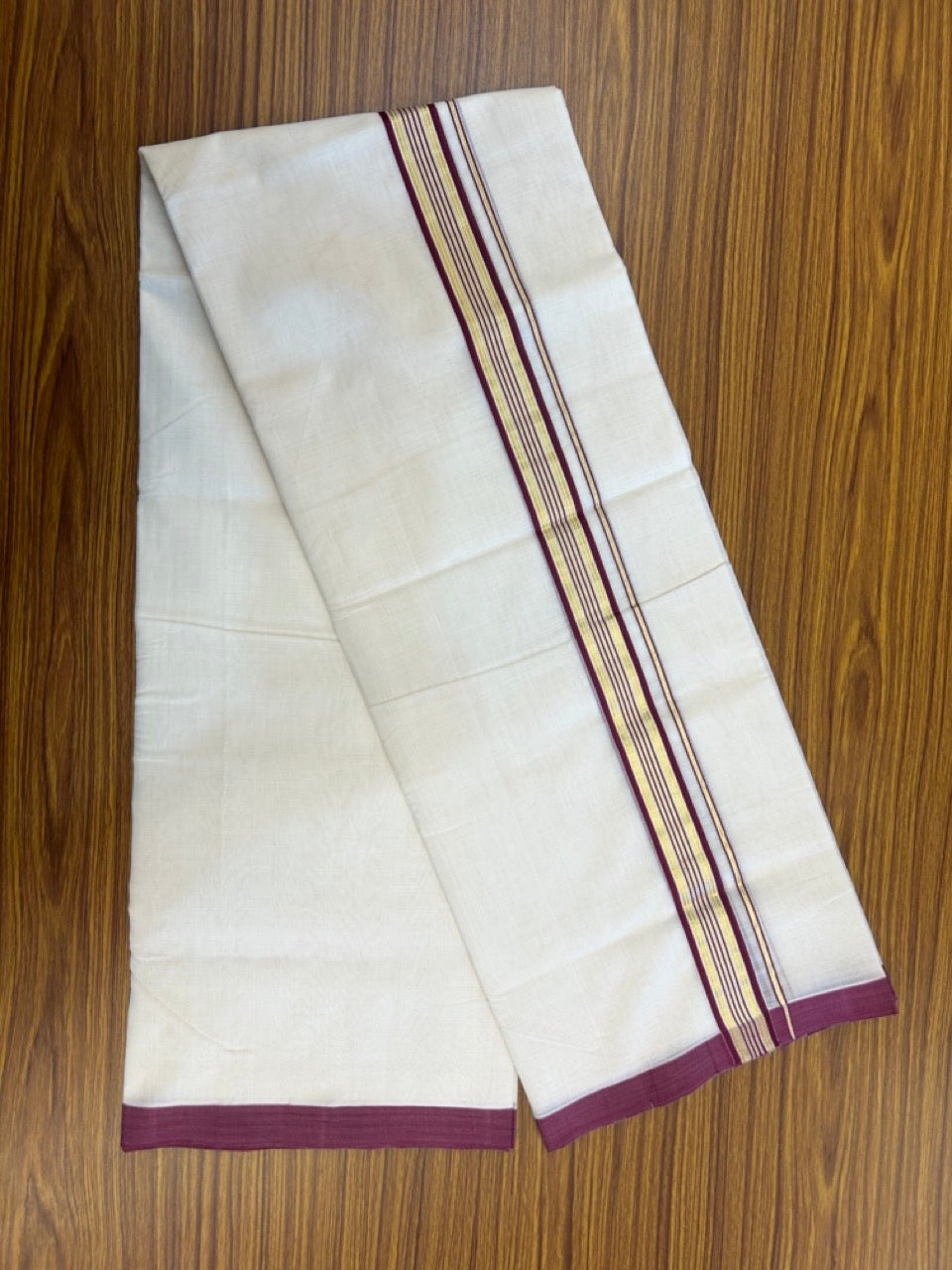 25% Discount ! Kaitharikada Handloom Unakkupaav Balaramapuram - 100% Pure Cotton Off White - (Unbleached) Double Mundu/Dhoti - 100x80 - 1.25 inch Gold Kasav & Wine Purple Striped Kara 4 mtr (8.5 Muzham) - 4 KK5307 SAS