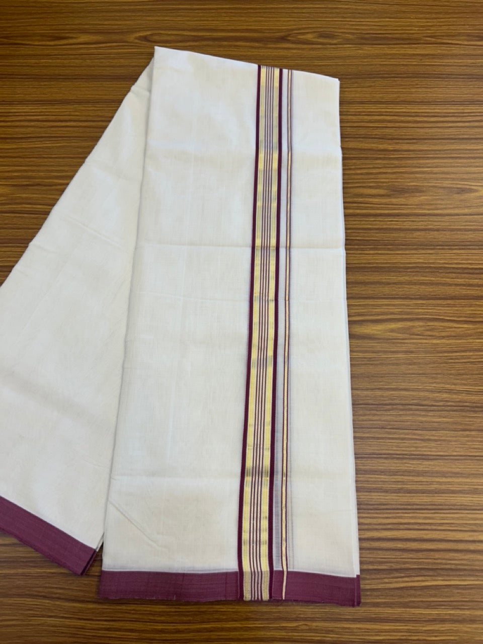 25% Discount ! Kaitharikada Handloom Unakkupaav Balaramapuram - 100% Pure Cotton Off White - (Unbleached) Double Mundu/Dhoti - 100x80 - 1.25 inch Gold Kasav & Wine Purple Striped Kara 4 mtr (8.5 Muzham) - 4 KK5307 SAS
