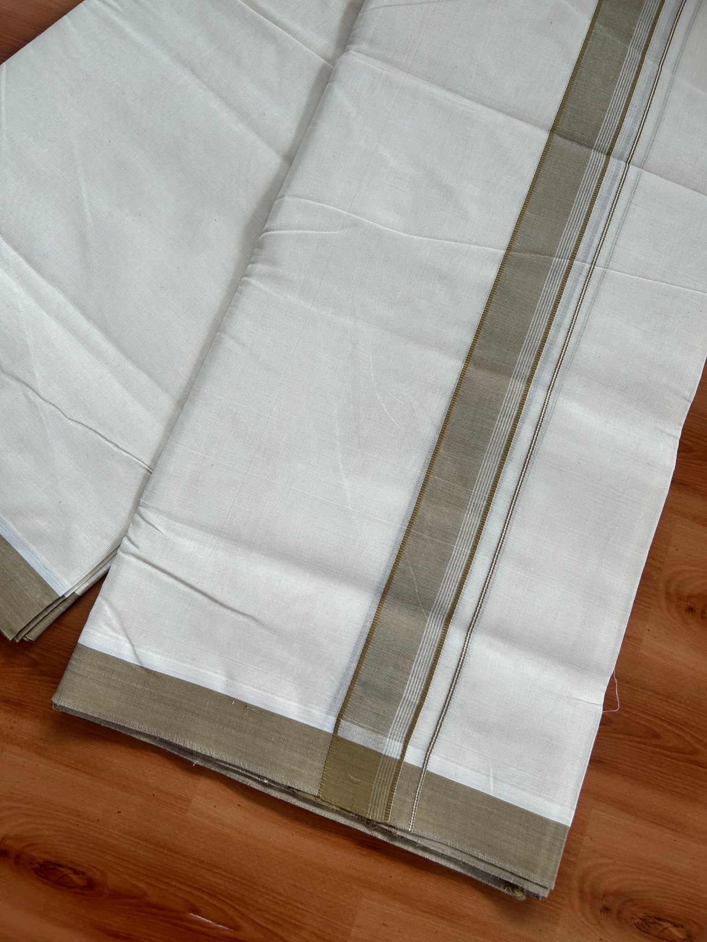 20% Discount!! KaithariKada Balaramapuram 100% Cotton Double Off White - (Unbleached) Mundu/Dhoti-100x80 - 1.5 inch Peanut Brown Shaded Striped Kara- 3.75 mtr (8 Muzham) - 18 KK5381 ASH