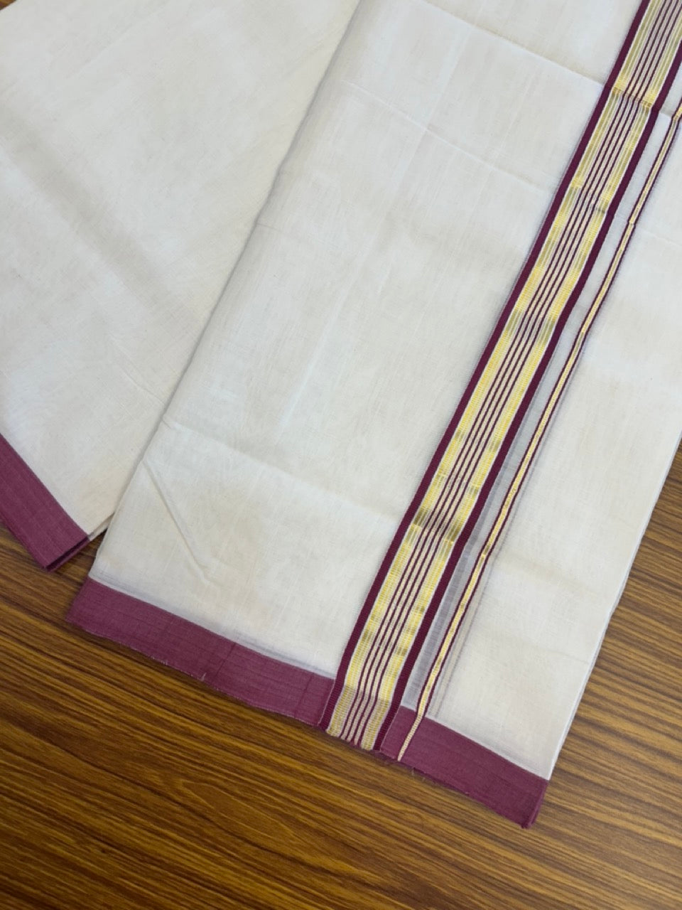 25% Discount ! Kaitharikada Handloom Unakkupaav Balaramapuram - 100% Pure Cotton Off White - (Unbleached) Double Mundu/Dhoti - 100x80 - 1.25 inch Gold Kasav & Wine Purple Striped Kara 4 mtr (8.5 Muzham) - 4 KK5307 SAS