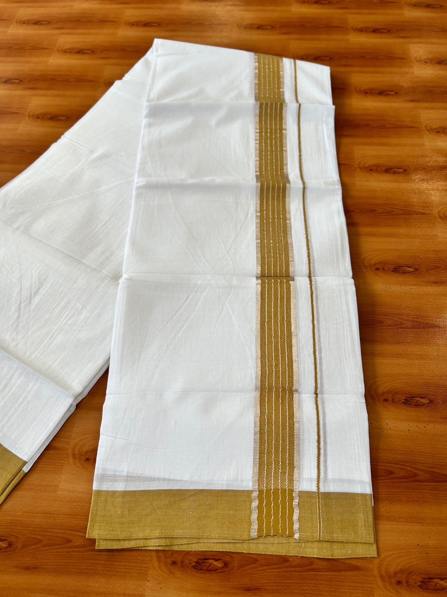 Pure White Double Mundu/Dhoti - 20% Discount ! Kaitharikada 100% Cotton - 100x80 - 1.75 inch Silver Kasav & Mustard Stripes Kara 3.80 mtr (8 muzham) - 23 KK5456 THI