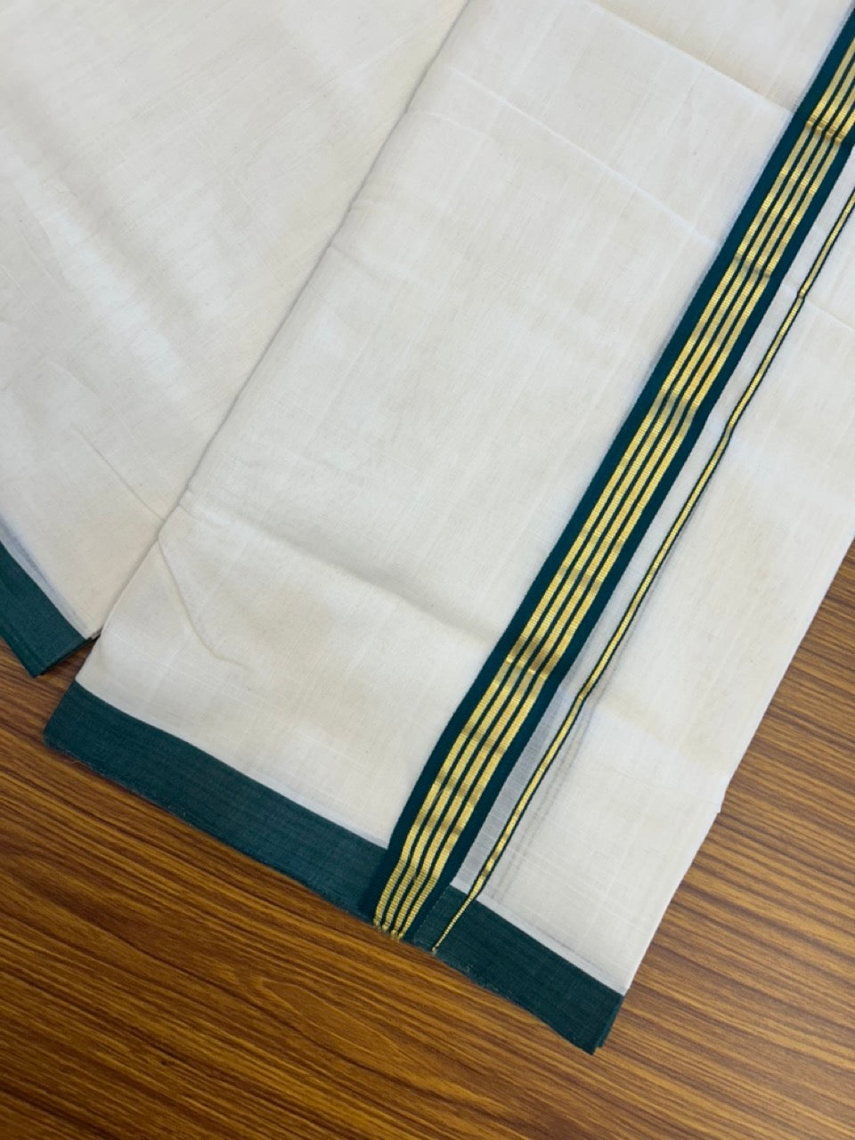 25% Discount ! Kaitharikada Handloom Unakkupaav Balaramapuram - 100% Pure Cotton Off White - (Unbleached) Double Mundu/Dhoti - 100x80 - 1.25 inch Gold Kasav & Green Striped Kara 4 mtr (8.5 Muzham) - 5 KK5307 SAS