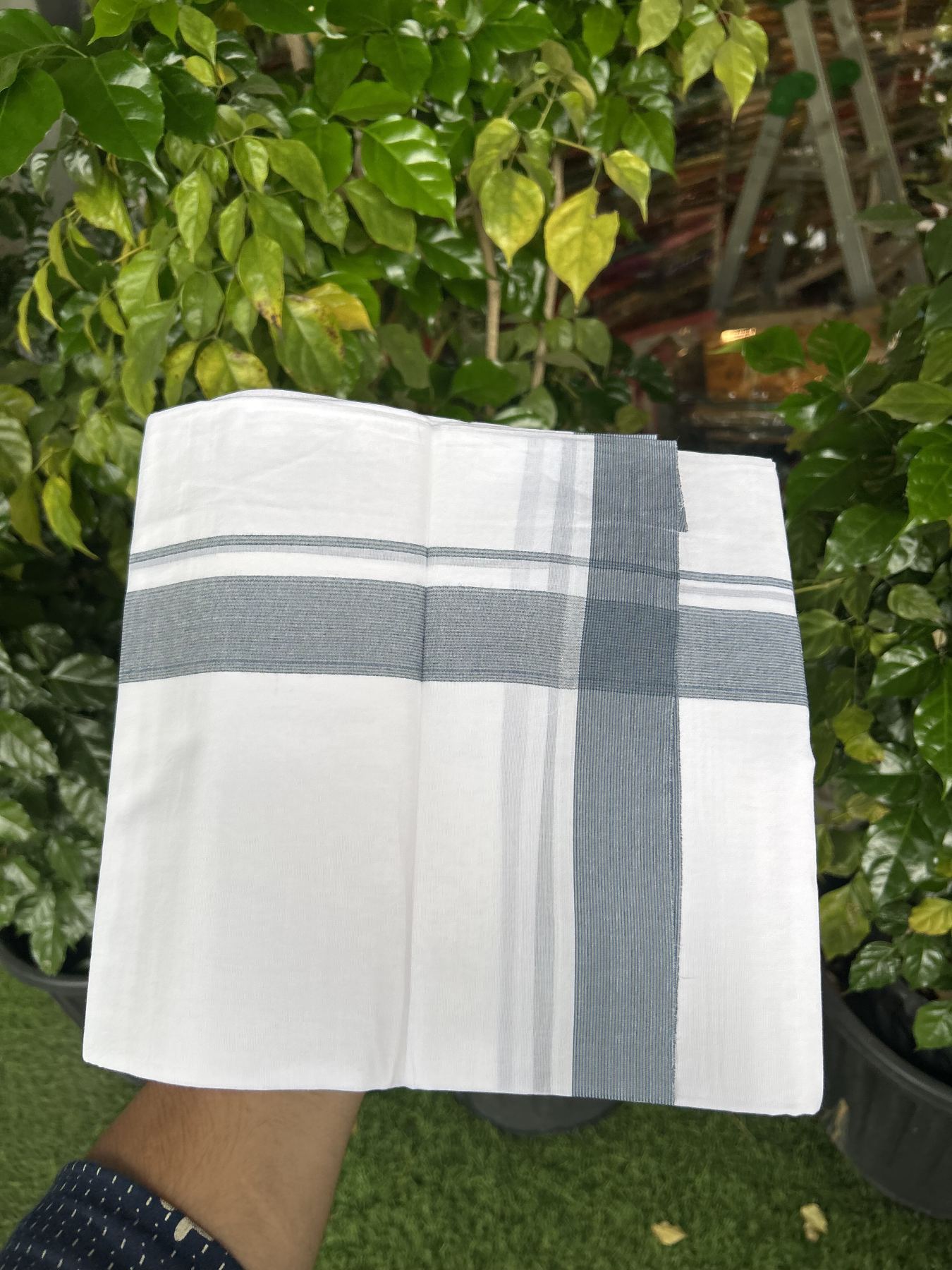 20% Discount! KaithariKada Balaramapuram 100% Cotton Double Pure white Mundu/Dhoti - 100X80 - 1.5 inch Blue Green shaded striped kara - 4 mtr ( 8.5 muzham) - 46 KK5341 VIN