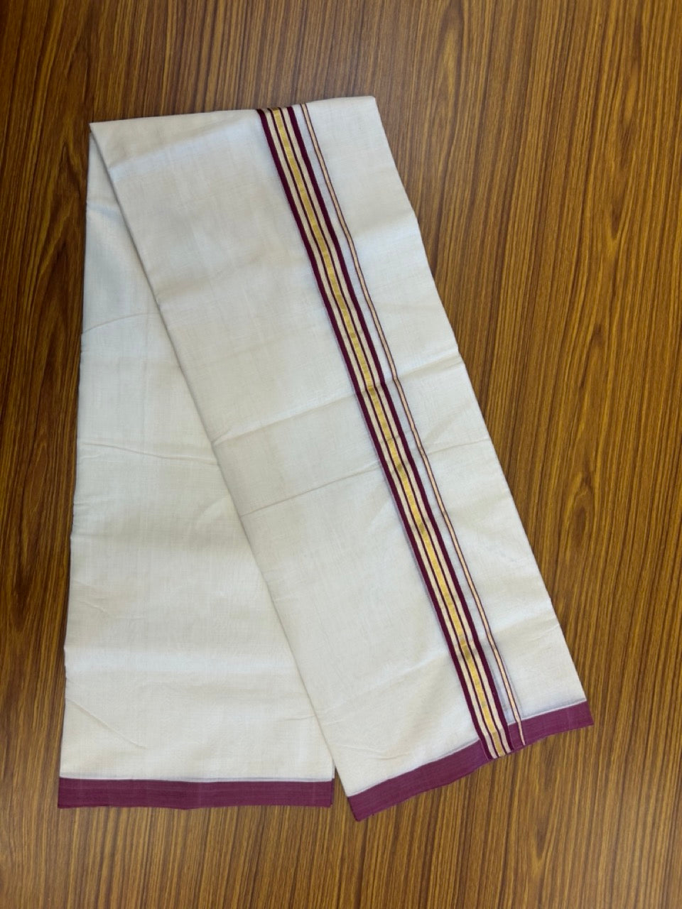 25% Discount ! Kaitharikada Handloom Unakkupaav Balaramapuram - 100% Pure Cotton Off White - (Unbleached) Double Mundu/Dhoti - 100x80 - 1.25 inch Gold Kasav & Wine Purple Striped Kara 4 mtr (8.5 Muzham) - 6 KK5307 SAS