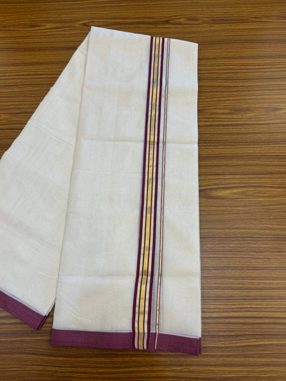 25% Discount ! Kaitharikada Handloom Unakkupaav Balaramapuram - 100% Pure Cotton Off White - (Unbleached) Double Mundu/Dhoti - 100x80 - 1.25 inch Gold Kasav & Wine Purple Striped Kara 4 mtr (8.5 Muzham) - 6 KK5307 SAS