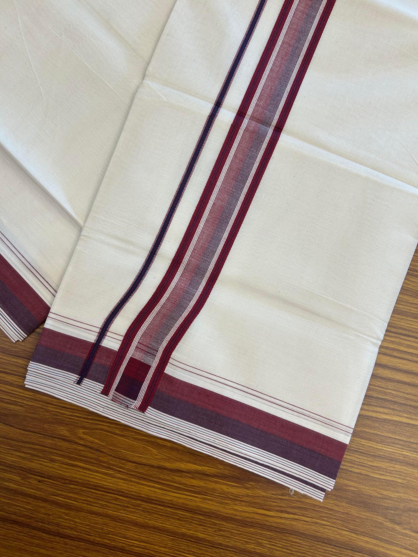 20% Discount ! KaithariKada Balaramapuram 100% Cotton Double Off White (Unbleached) - Mundu / Dhoti- 100x80 - 1.5 inch Navy Blue & Light Maroon Shaded Striped Kara 4 mtr (8.5 Muzham) - 16 KK5363 VIN