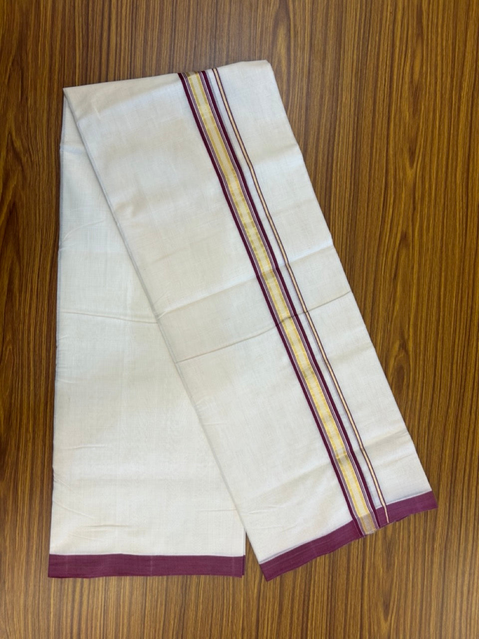 25% Discount ! Kaitharikada Handloom Unakkupaav Balaramapuram - 100% Pure Cotton Off White - (Unbleached) Double Mundu/Dhoti - 100x80 - 1.25 inch Gold Kasav & Wine Purple Striped Kara 4 mtr (8.5 Muzham) - 7 KK5307 SAS