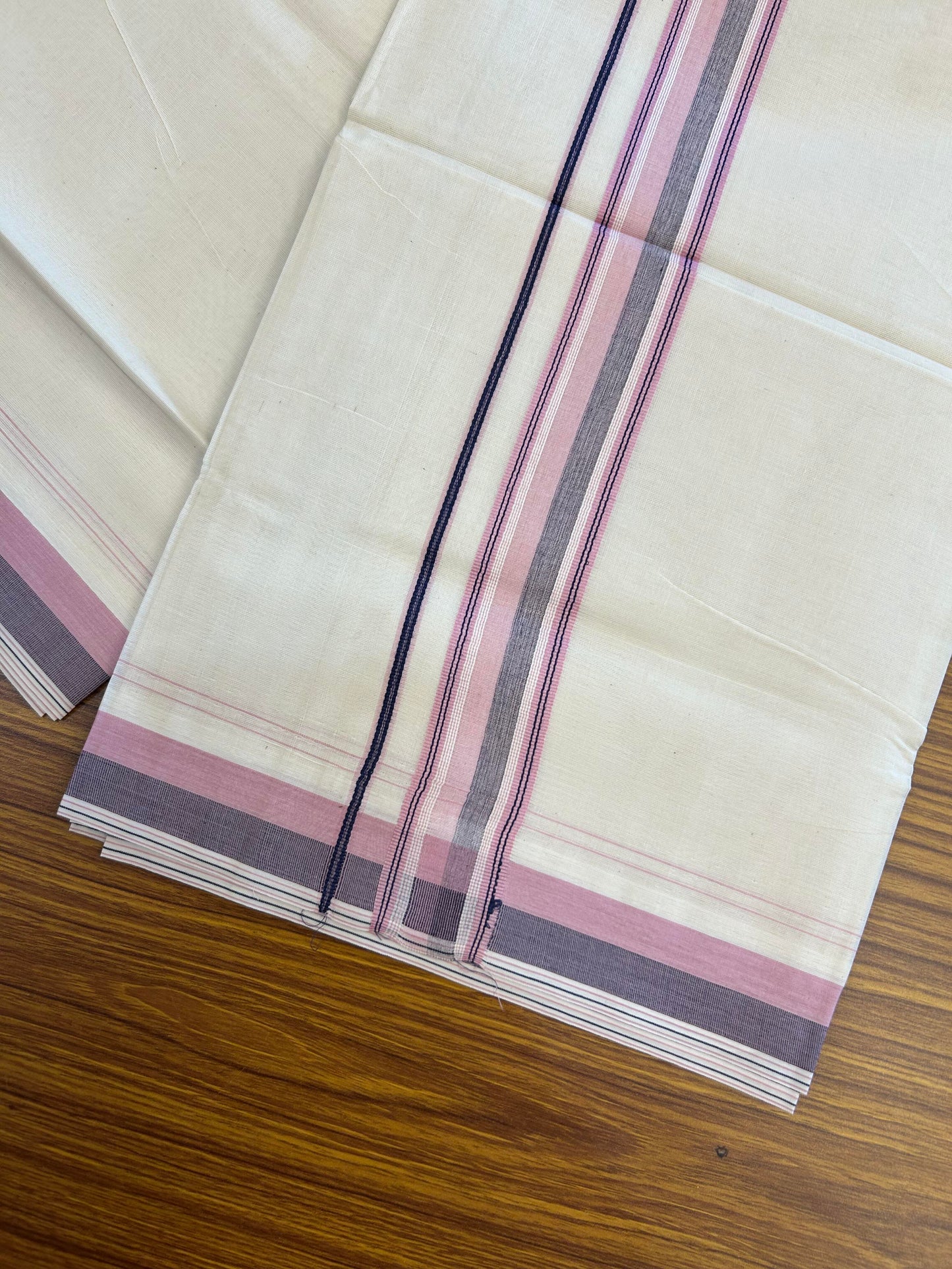 20% Discount ! KaithariKada Balaramapuram 100% Cotton Double Off White (Unbleached) - Mundu / Dhoti- 100x80 - 1.5 inch Pink & Navy Blue Shaded Striped Kara 4 mtr (8.5 Muzham) - 12 KK5363 VIN