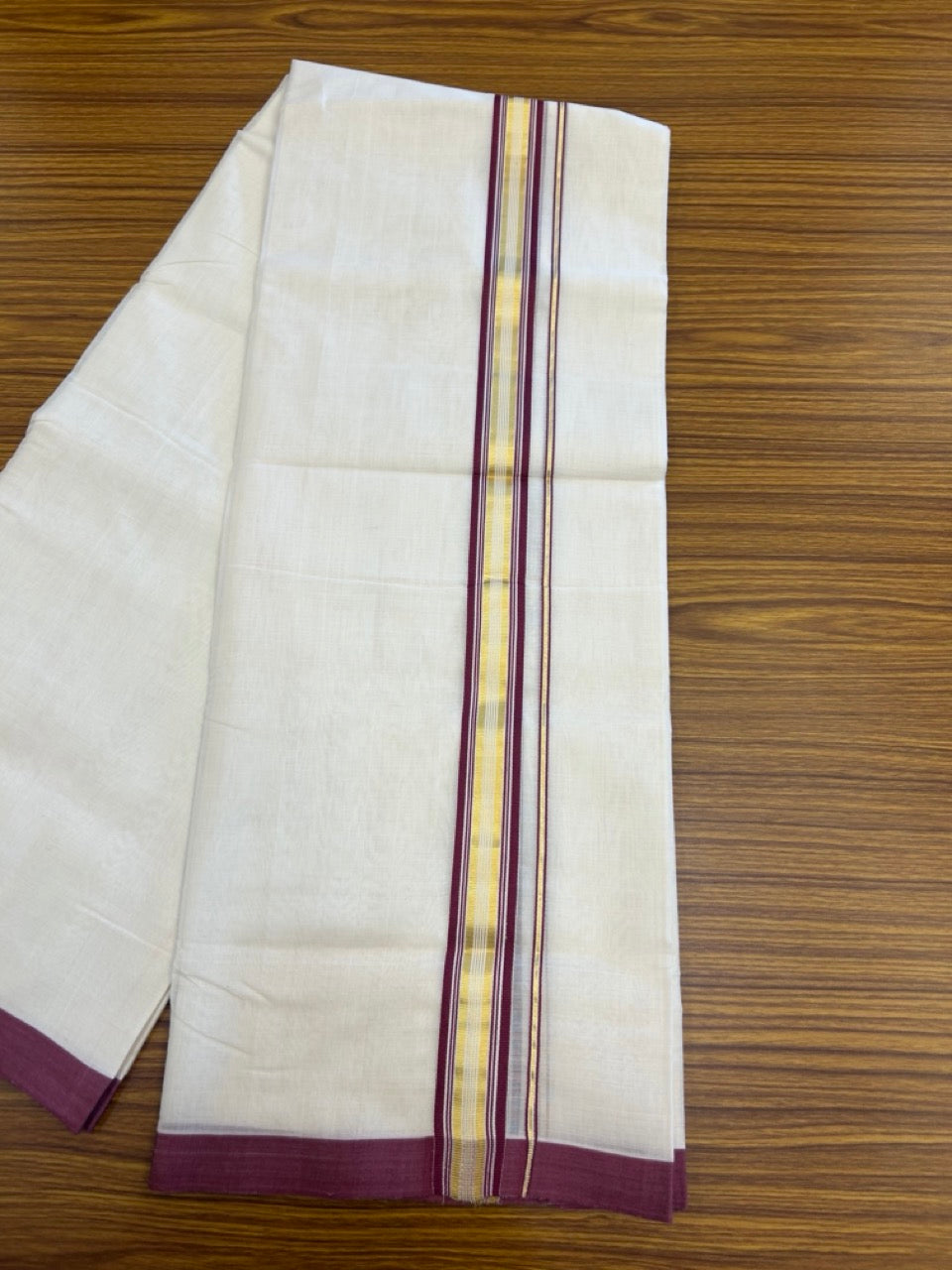 25% Discount ! Kaitharikada Handloom Unakkupaav Balaramapuram - 100% Pure Cotton Off White - (Unbleached) Double Mundu/Dhoti - 100x80 - 1.25 inch Gold Kasav & Wine Purple Striped Kara 4 mtr (8.5 Muzham) - 7 KK5307 SAS