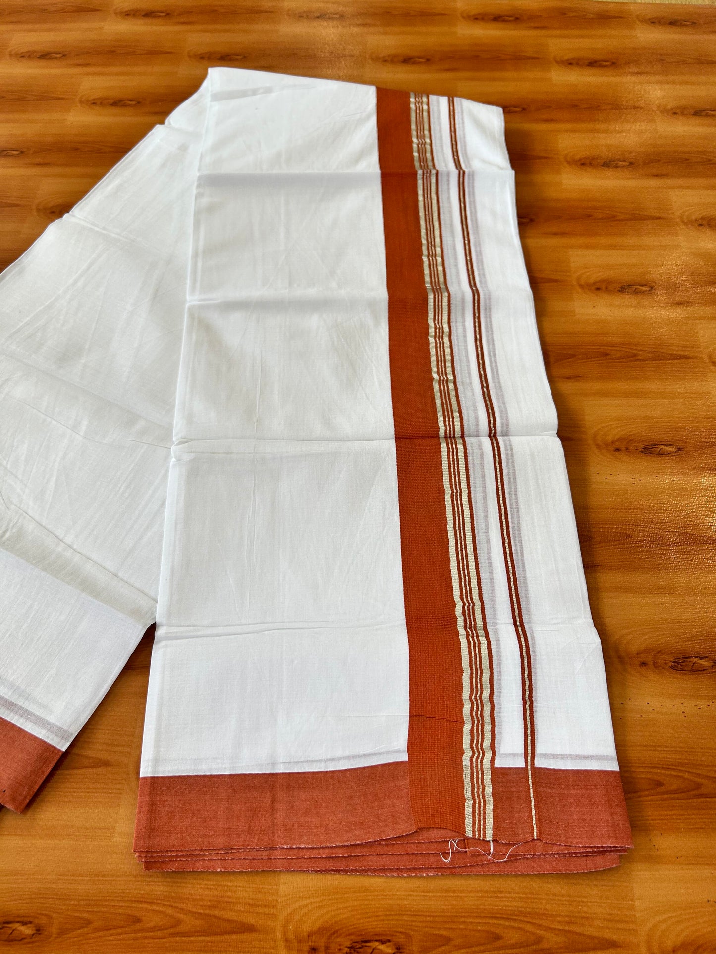 Pure White Double Mundu/Dhoti - 20% Discount ! Kaitharikada Balaramapuram 100% Cotton - 100x80 - 1.5 inch Silver Kasav & Rust Orange Stripes Kara 3.80 mtr (8 muzham) - 7 KK5456 THI