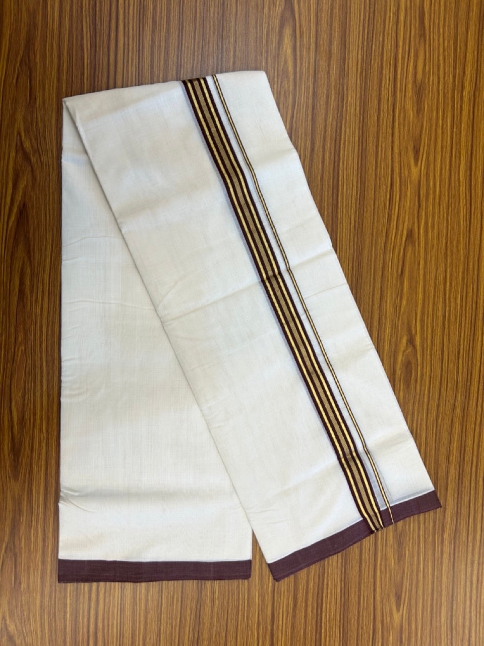 25% Discount ! Kaitharikada Handloom Unakkupaav Balaramapuram - 100% Pure Cotton Off White - (Unbleached) Double Mundu/Dhoti - 100x80 - 1.25 inch Gold Kasav & Brown Striped Kara 4 mtr (8.5 Muzham) - 8 KK5307 SAS