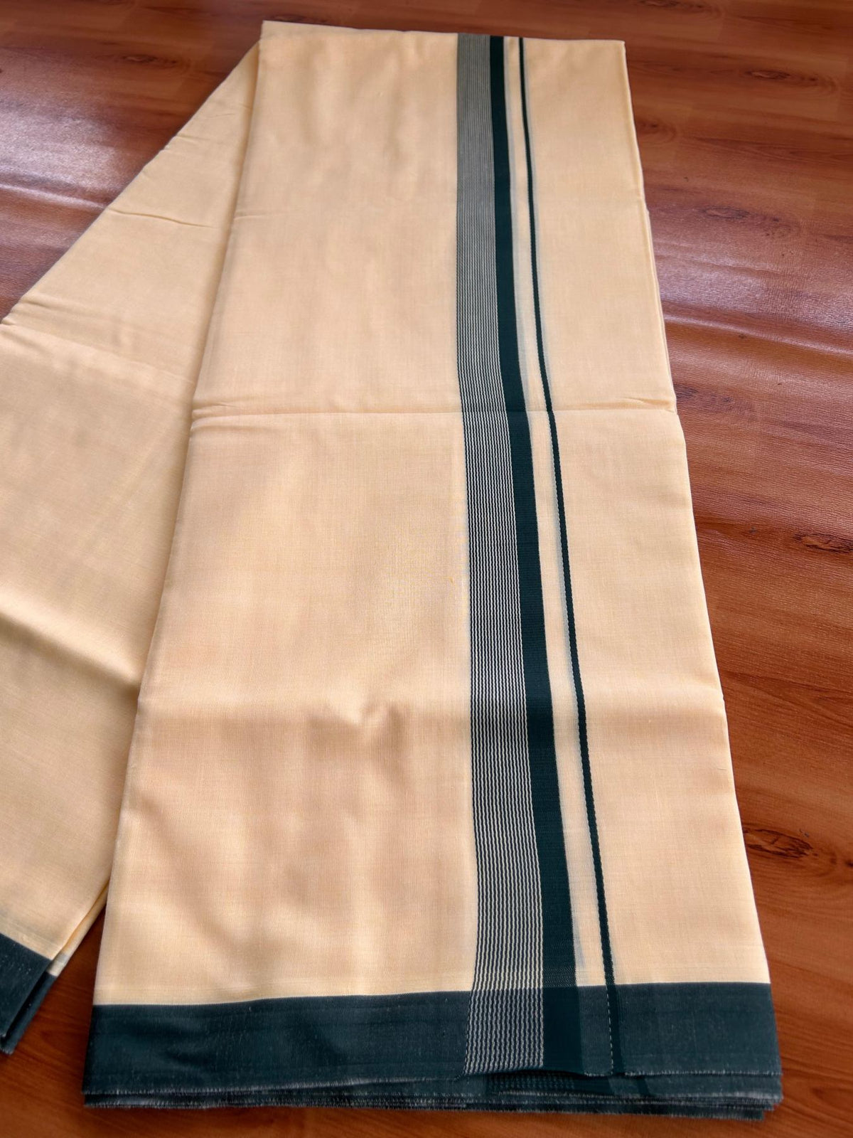 Kannur Yellow Double Mundu/Dhoti - 20% Discount! KaithariKada - 60s - 50% Cotton & 50% Polyester - Kannur Yellow Colour Body with 1.25 inch Dark Green Striped Kara - 4 mtr (8.5 muzham) - 13 KK5522 VAS