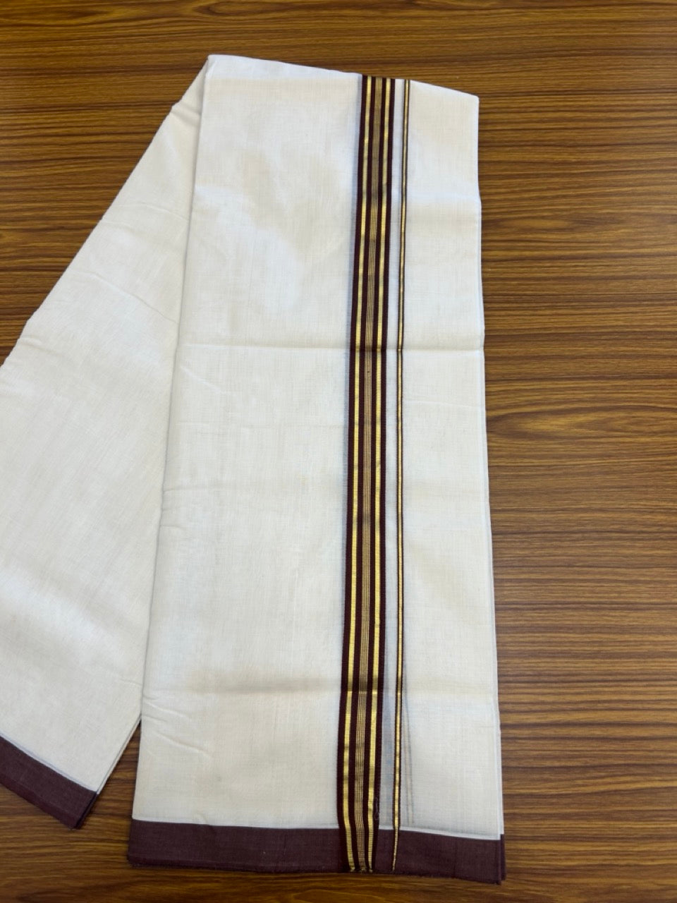 25% Discount ! Kaitharikada Handloom Unakkupaav Balaramapuram - 100% Pure Cotton Off White - (Unbleached) Double Mundu/Dhoti - 100x80 - 1.25 inch Gold Kasav & Brown Striped Kara 4 mtr (8.5 Muzham) - 8 KK5307 SAS