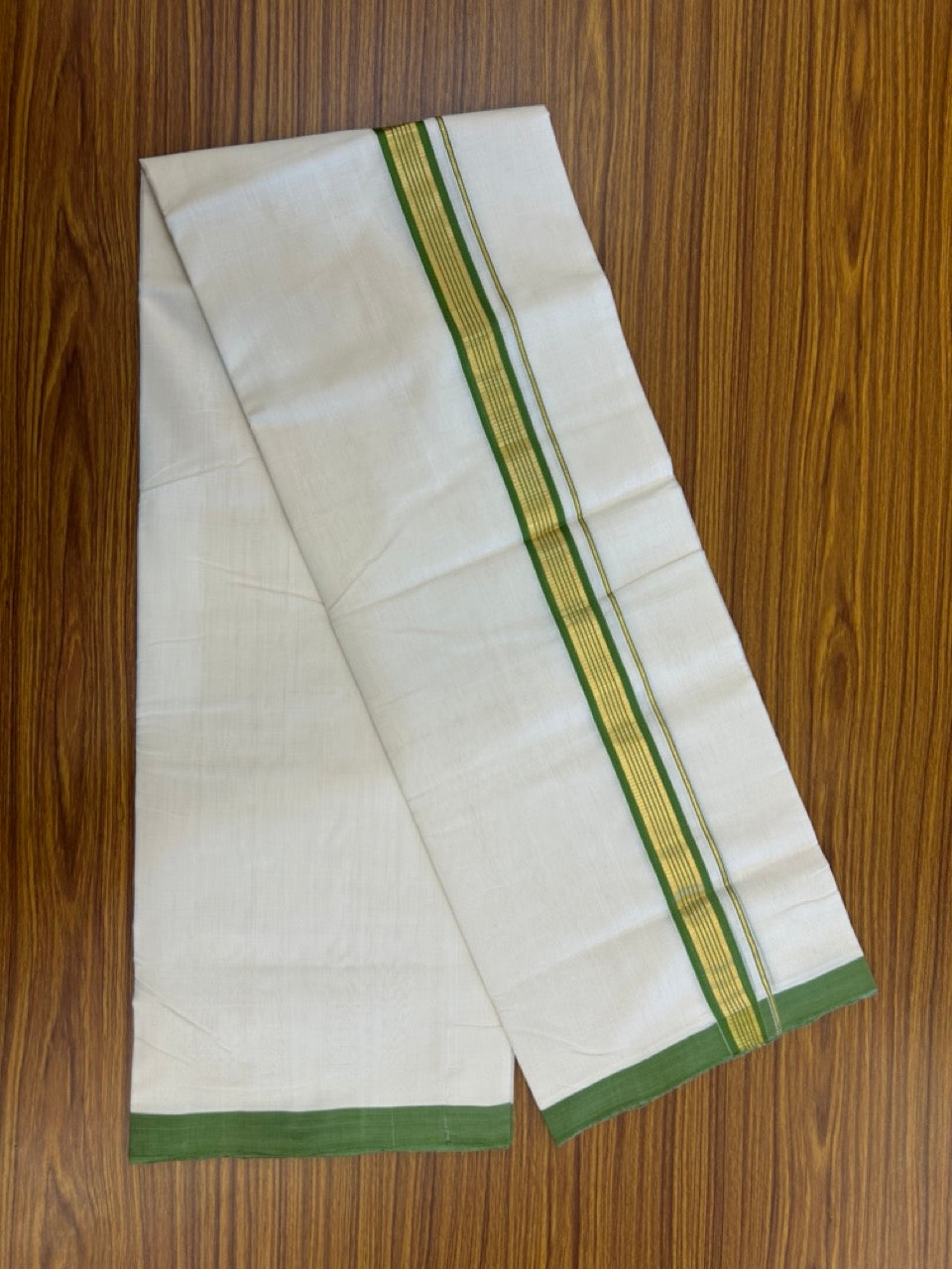 25% Discount ! Kaitharikada Handloom Unakkupaav Balaramapuram - 100% Pure Cotton Off White - (Unbleached) Double Mundu/Dhoti - 100x80 - 1.25 inch Gold Kasav & Light Green Striped Kara 4 mtr (8.5 Muzham) - 9 KK5307 SAS