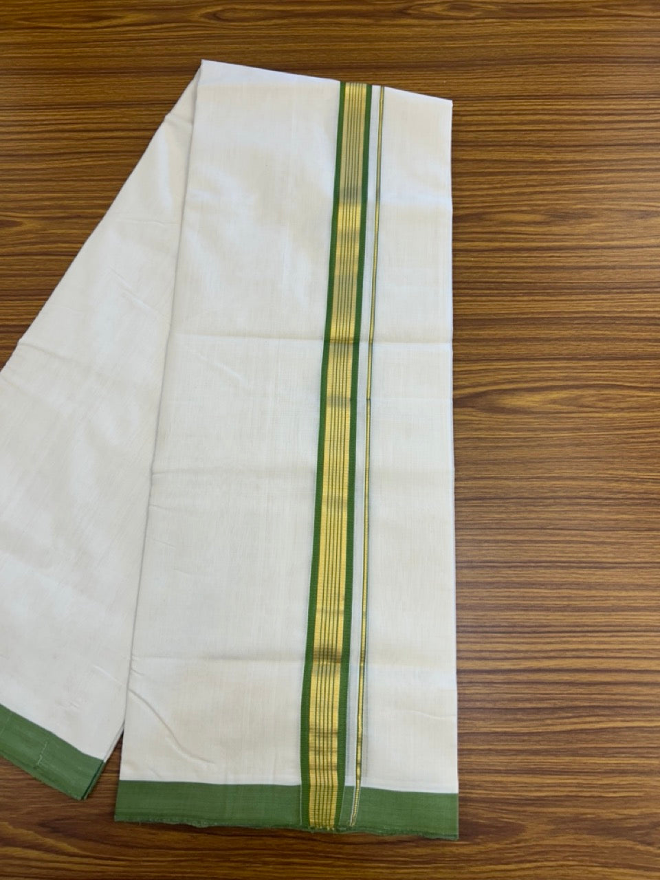 25% Discount ! Kaitharikada Handloom Unakkupaav Balaramapuram - 100% Pure Cotton Off White - (Unbleached) Double Mundu/Dhoti - 100x80 - 1.25 inch Gold Kasav & Light Green Striped Kara 4 mtr (8.5 Muzham) - 9 KK5307 SAS