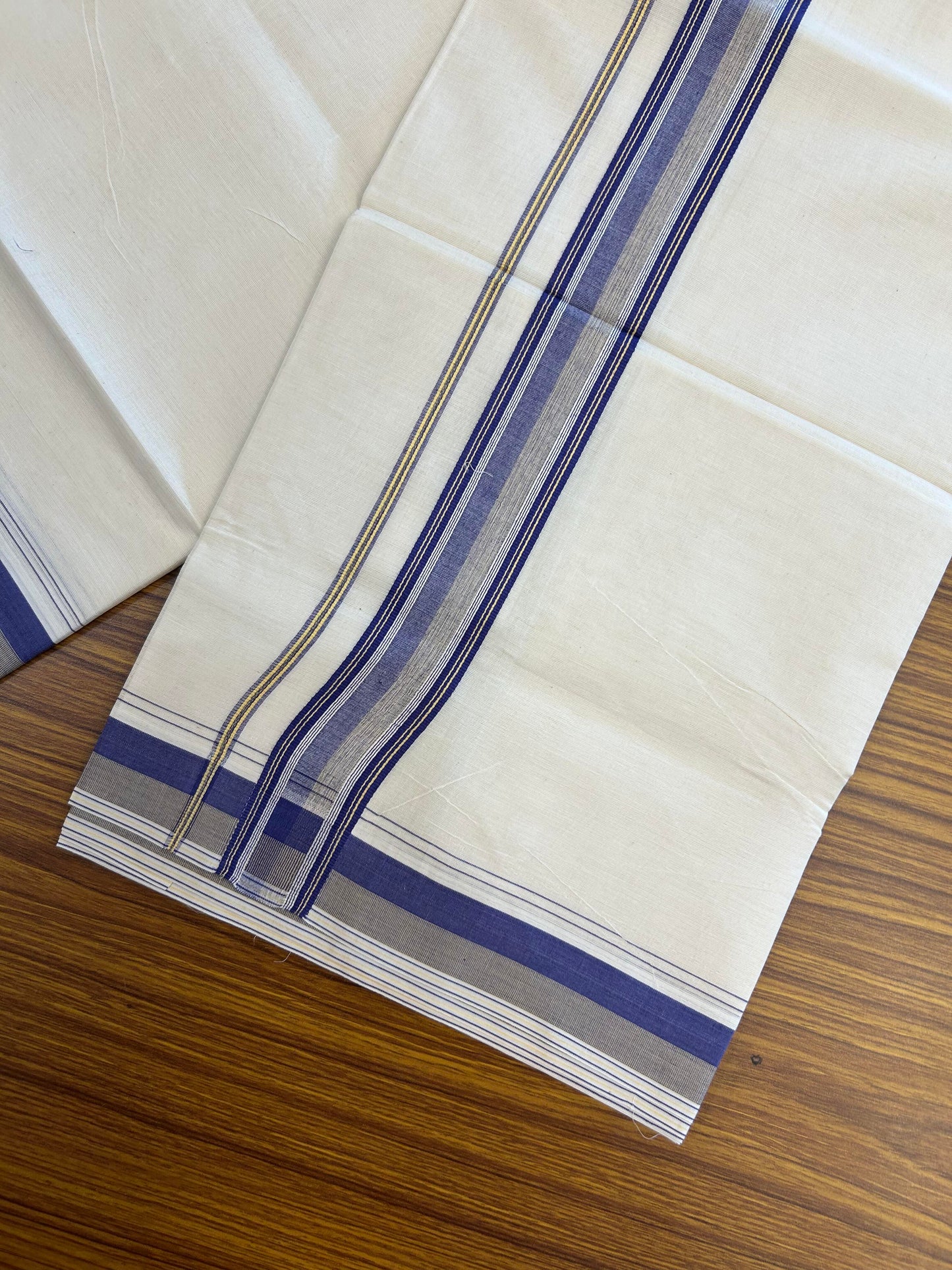 20% Discount ! KaithariKada Balaramapuram 100% Cotton Double Off White (Unbleached) - Mundu / Dhoti- 100x80 - 1.5 inch Violet & Mustard Shaded Striped Kara 4 mtr (8.5 Muzham) - 10 KK5363 VIN