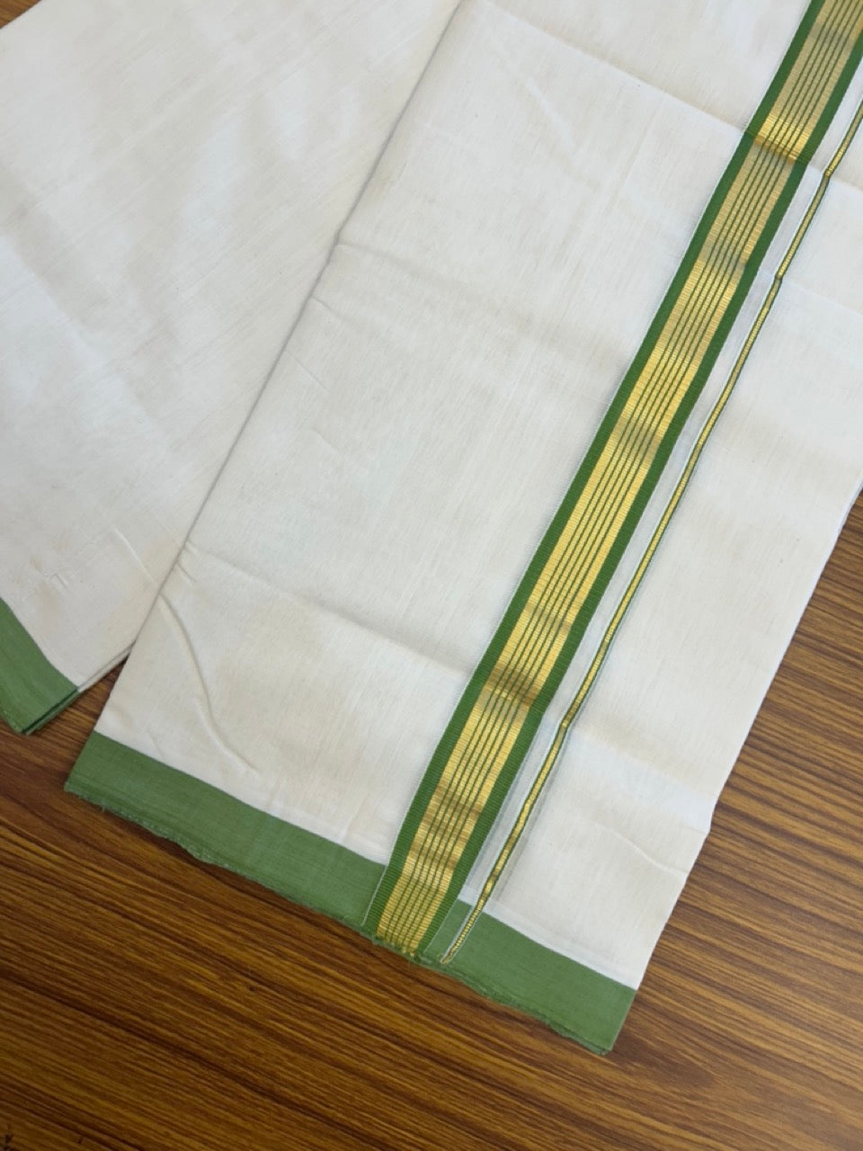 25% Discount ! Kaitharikada Handloom Unakkupaav Balaramapuram - 100% Pure Cotton Off White - (Unbleached) Double Mundu/Dhoti - 100x80 - 1.25 inch Gold Kasav & Light Green Striped Kara 4 mtr (8.5 Muzham) - 9 KK5307 SAS