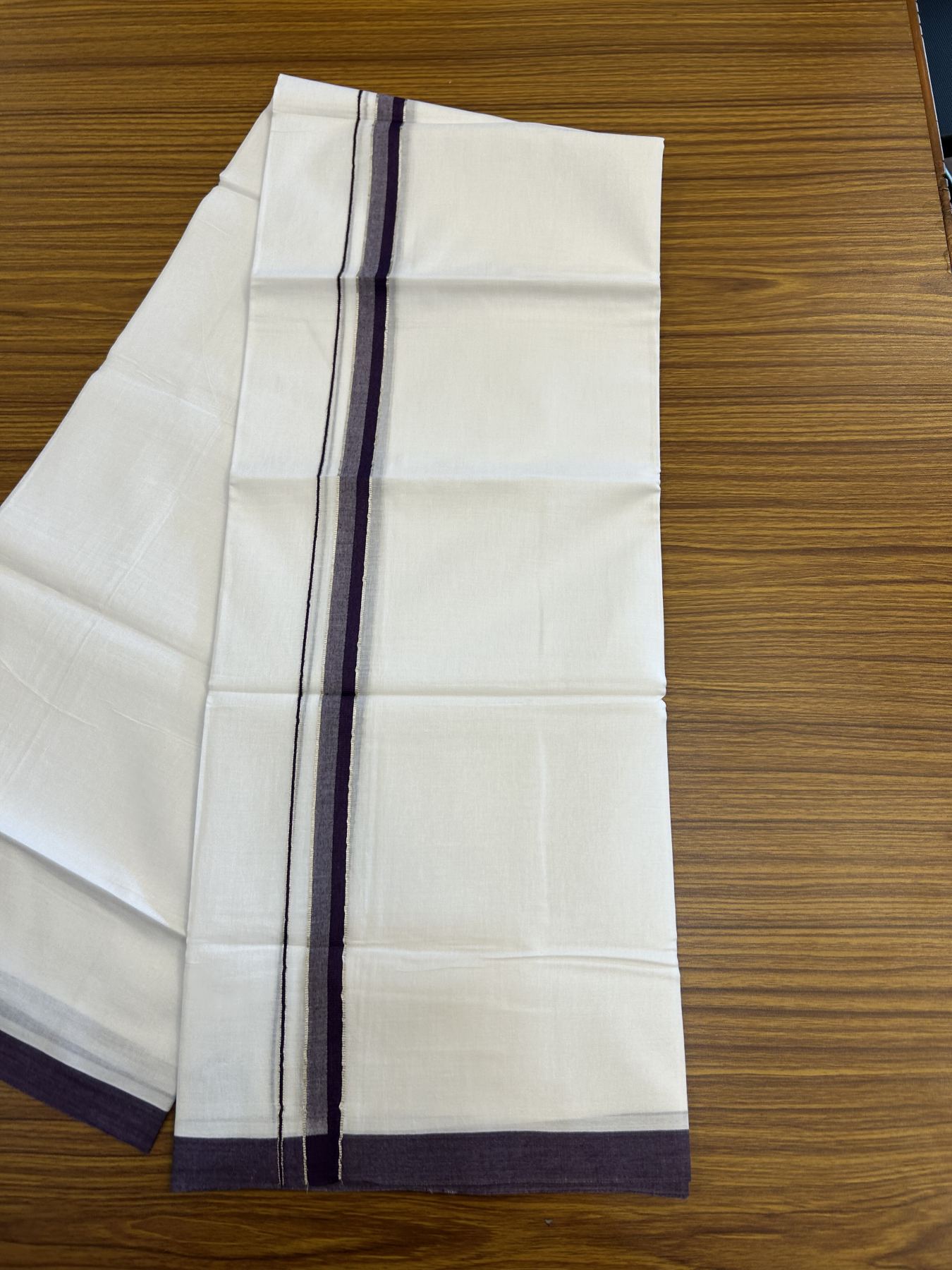 20% Discount! KaithariKada Balaramapuram 100% Cotton Double Pure white Mundu/Dhoti- 100X80 - 0.75 inch Silver Kasav & Purple Kara - 4 mtr ( 8.5 muzham) - 25 KK5341 VIN