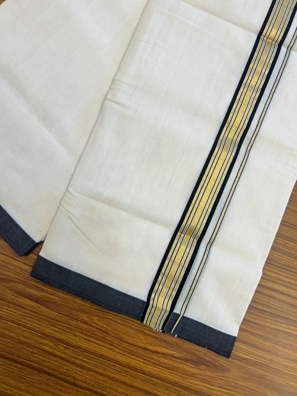 25% Discount ! Kaitharikada Handloom Unakkupaav Balaramapuram - 100% Pure Cotton Off White - (Unbleached) Double Mundu/Dhoti - 100x80 - 1.25 inch Gold Kasav & Black Striped Kara 4 mtr (8.5 Muzham) - 10 KK5307 SAS