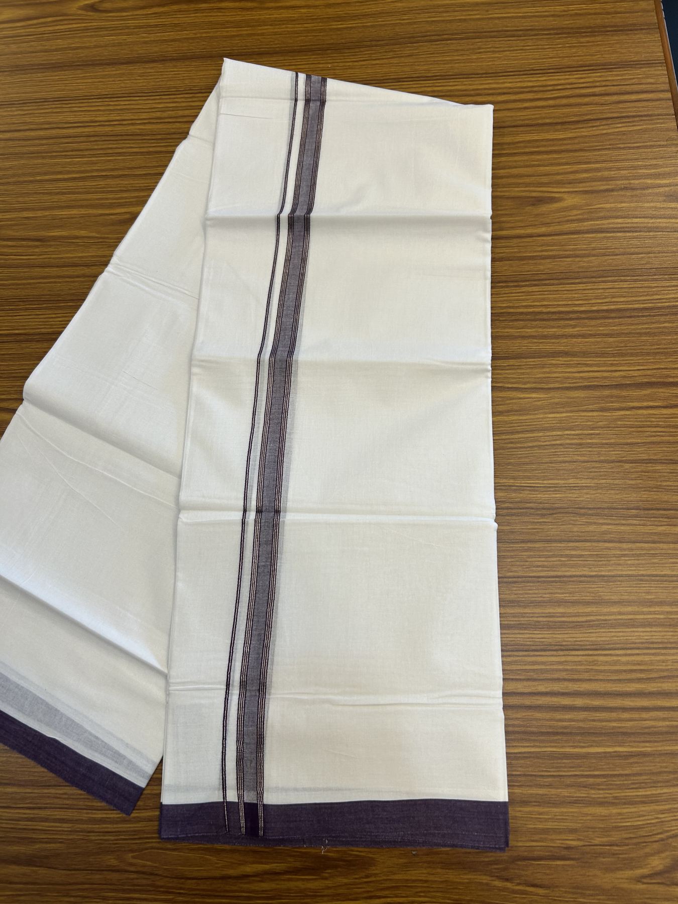 20% Discount! KaithariKada Balaramapuram 100% Cotton Double Pure white Mundu/Dhoti- 100X80 - 0.75 inch Silver Kasav & Purple Striped kara - 4 mtr ( 8.5 muzham) - 16 KK5341 VIN