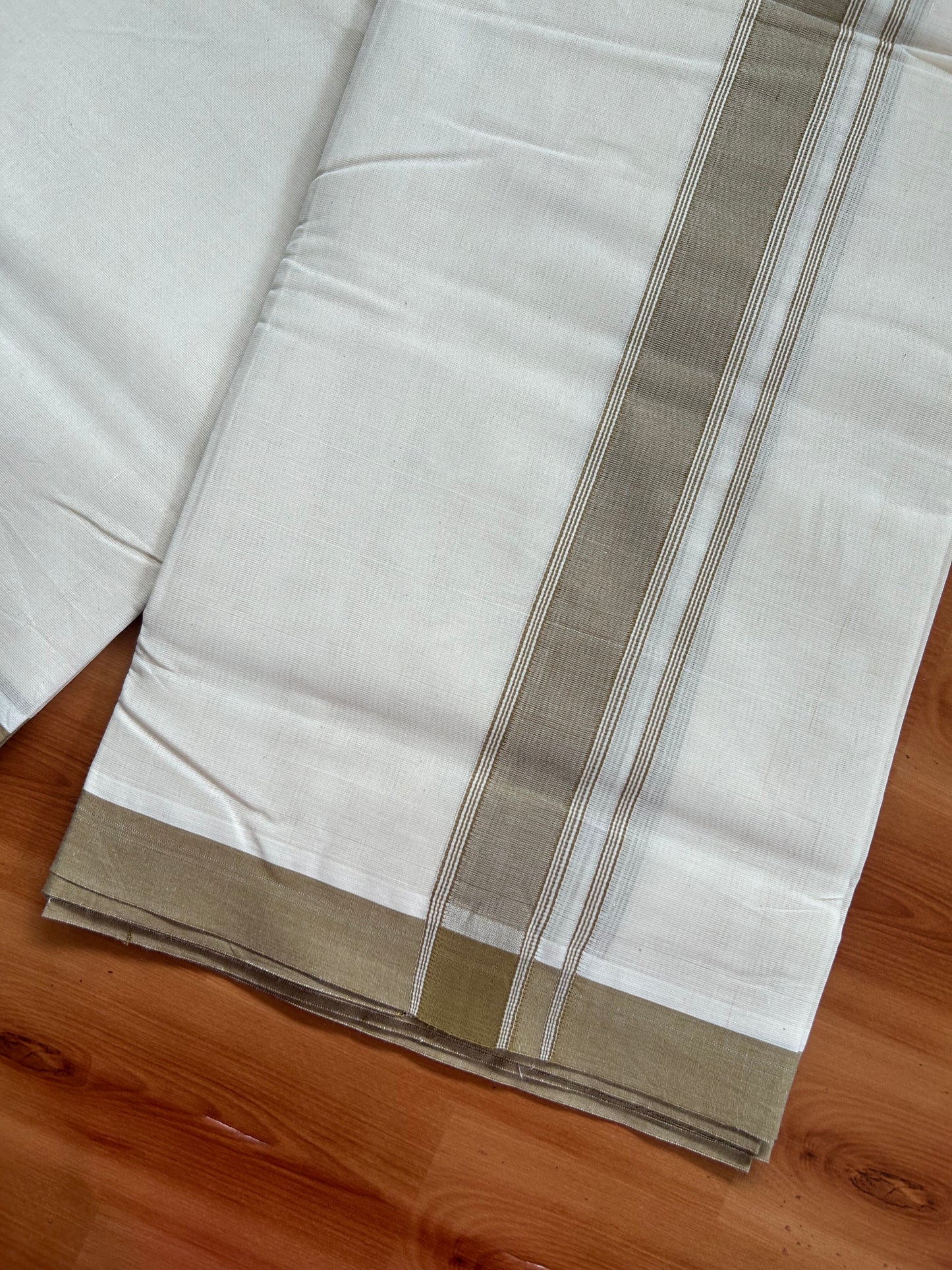 20% Discount!! KaithariKada Balaramapuram 100% Cotton Double Off White - (Unbleached) Mundu/Dhoti-100x80 - 1.5 inch Peanut Brown Shaded Striped Kara- 3.75 mtr (8 Muzham) - 17 KK5381 ASH