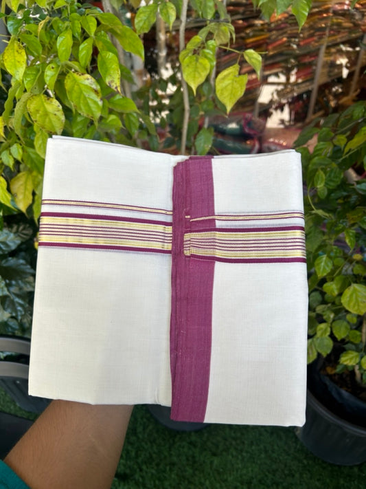 25% Discount ! Kaitharikada Handloom Unakkupaav Balaramapuram - 100% Pure Cotton Off White - (Unbleached) Double Mundu/Dhoti - 100x80 - 1.25 inch Gold Kasav & Wine Purple Striped Kara 4 mtr (8.5 Muzham) - 4 KK5307 SAS