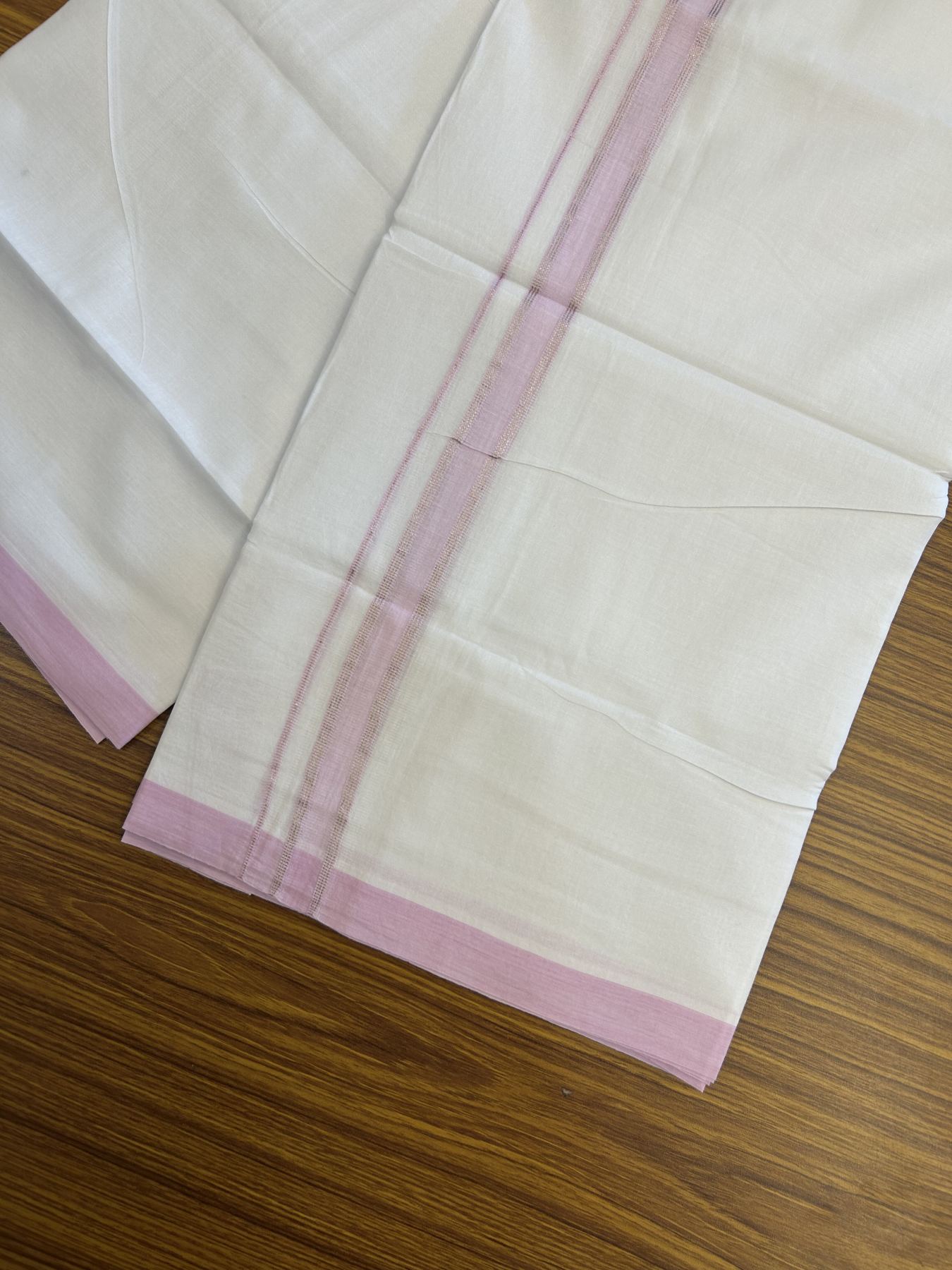 20% Discount! KaithariKada Balaramapuram 100% Cotton Double Pure white Mundu/Dhoti- 100X80 - 0.75 inch Silver Kasav & Pink kara - 4 mtr ( 8.5 muzham) - 23 KK5341 VIN