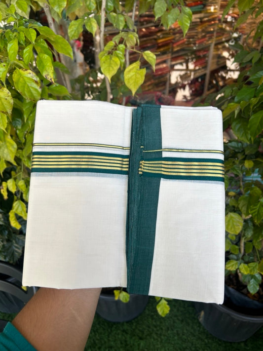 25% Discount ! Kaitharikada Handloom Unakkupaav Balaramapuram - 100% Pure Cotton Off White - (Unbleached) Double Mundu/Dhoti - 100x80 - 1.25 inch Gold Kasav & Green Striped Kara 4 mtr (8.5 Muzham) - 5 KK5307 SAS
