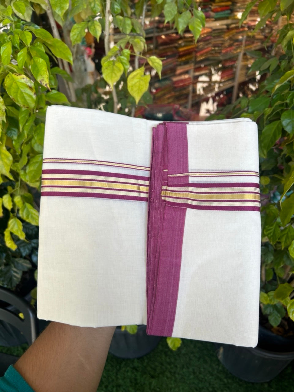 25% Discount ! Kaitharikada Handloom Unakkupaav Balaramapuram - 100% Pure Cotton Off White - (Unbleached) Double Mundu/Dhoti - 100x80 - 1.25 inch Gold Kasav & Wine Purple Striped Kara 4 mtr (8.5 Muzham) - 6 KK5307 SAS