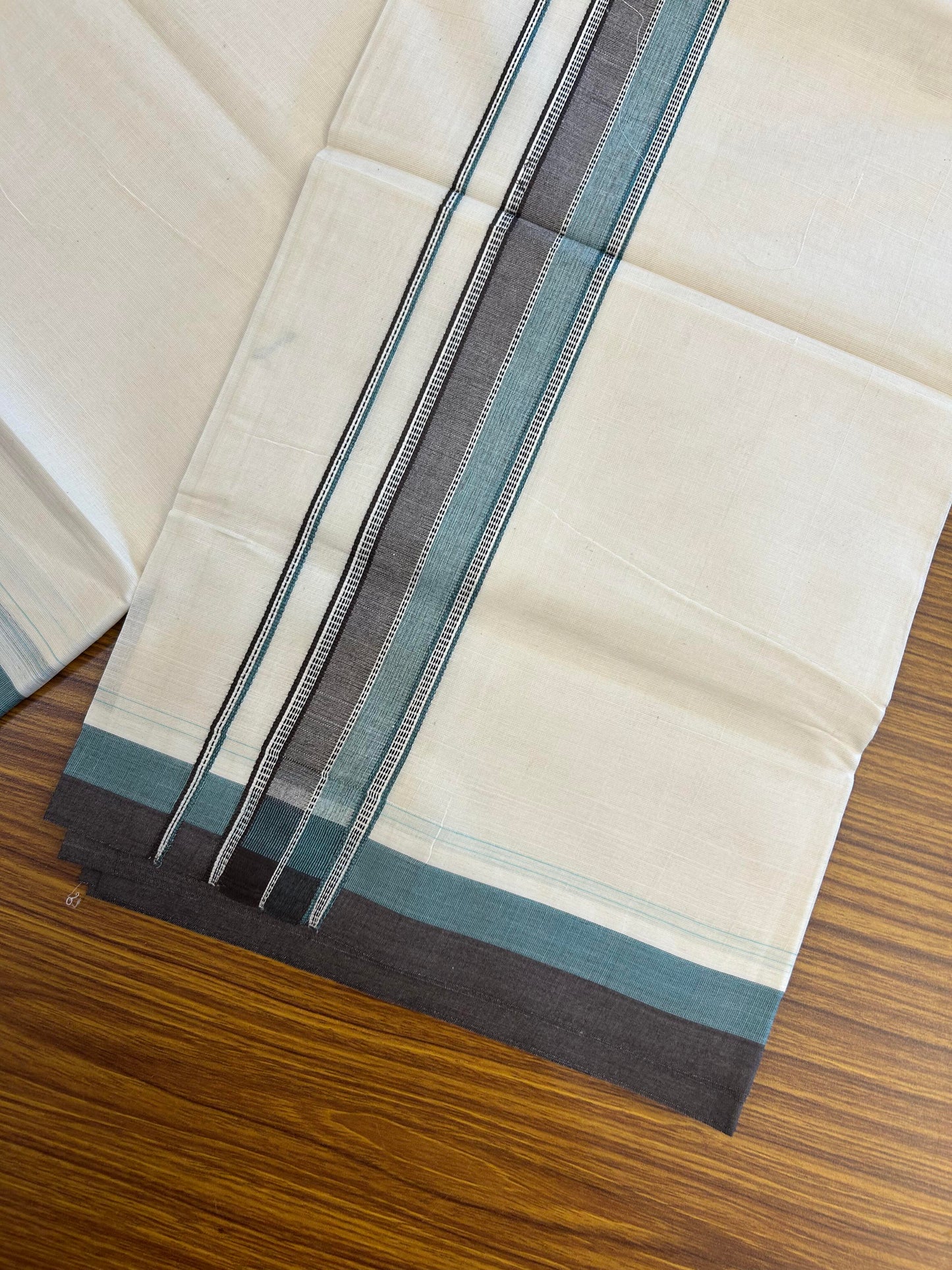 20% Discount ! KaithariKada Balaramapuram 100% Cotton Double Off White (Unbleached) - Mundu / Dhoti- 100x80 - 1.5 inch Brown & Turquoise Green Shaded Striped Kara 4 mtr (8.5 Muzham) - 18 KK5363 VIN