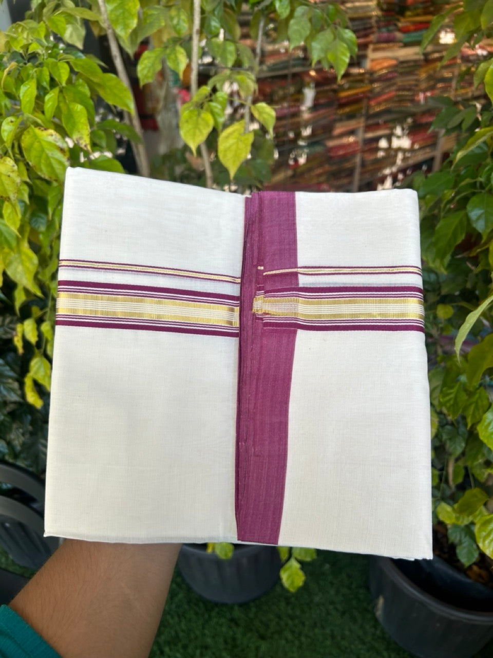 25% Discount ! Kaitharikada Handloom Unakkupaav Balaramapuram - 100% Pure Cotton Off White - (Unbleached) Double Mundu/Dhoti - 100x80 - 1.25 inch Gold Kasav & Wine Purple Striped Kara 4 mtr (8.5 Muzham) - 7 KK5307 SAS