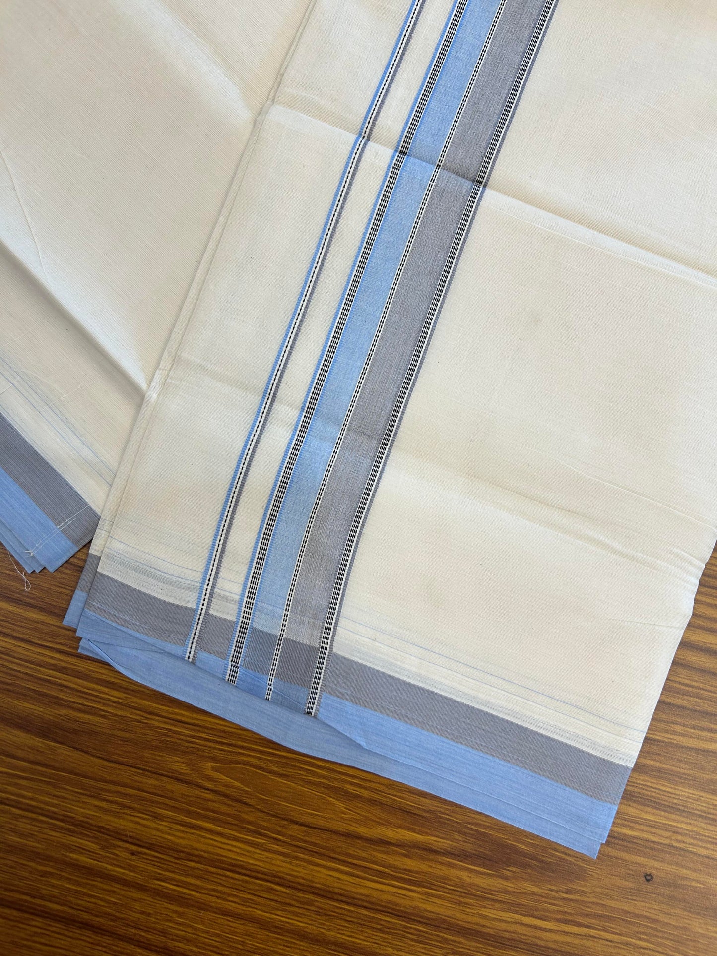 20% Discount ! KaithariKada Balaramapuram 100% Cotton Double Off White (Unbleached) - Mundu / Dhoti- 100x80 - 1.5 inch Blue & Ash Grey Shaded Striped Kara 4 mtr (8.5 Muzham) - 19 KK5363 VIN