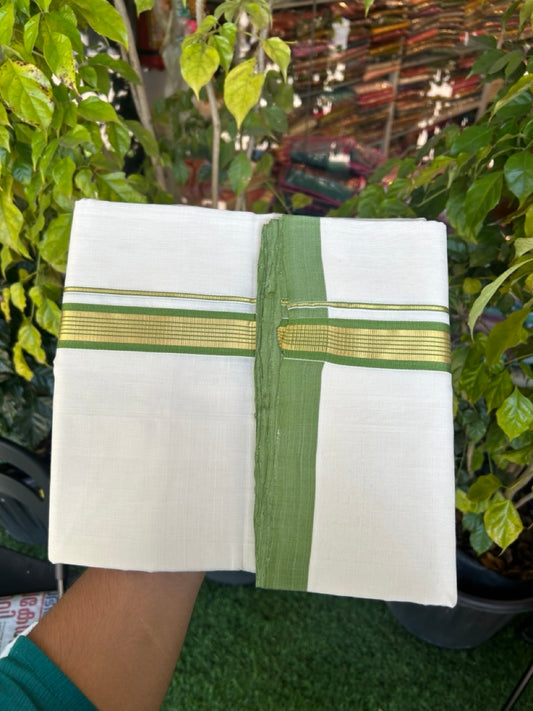 25% Discount ! Kaitharikada Handloom Unakkupaav Balaramapuram - 100% Pure Cotton Off White - (Unbleached) Double Mundu/Dhoti - 100x80 - 1.25 inch Gold Kasav & Light Green Striped Kara 4 mtr (8.5 Muzham) - 9 KK5307 SAS