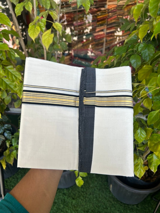 25% Discount ! Kaitharikada Handloom Unakkupaav Balaramapuram - 100% Pure Cotton Off White - (Unbleached) Double Mundu/Dhoti - 100x80 - 1.25 inch Gold Kasav & Black Striped Kara 4 mtr (8.5 Muzham) - 10 KK5307 SAS