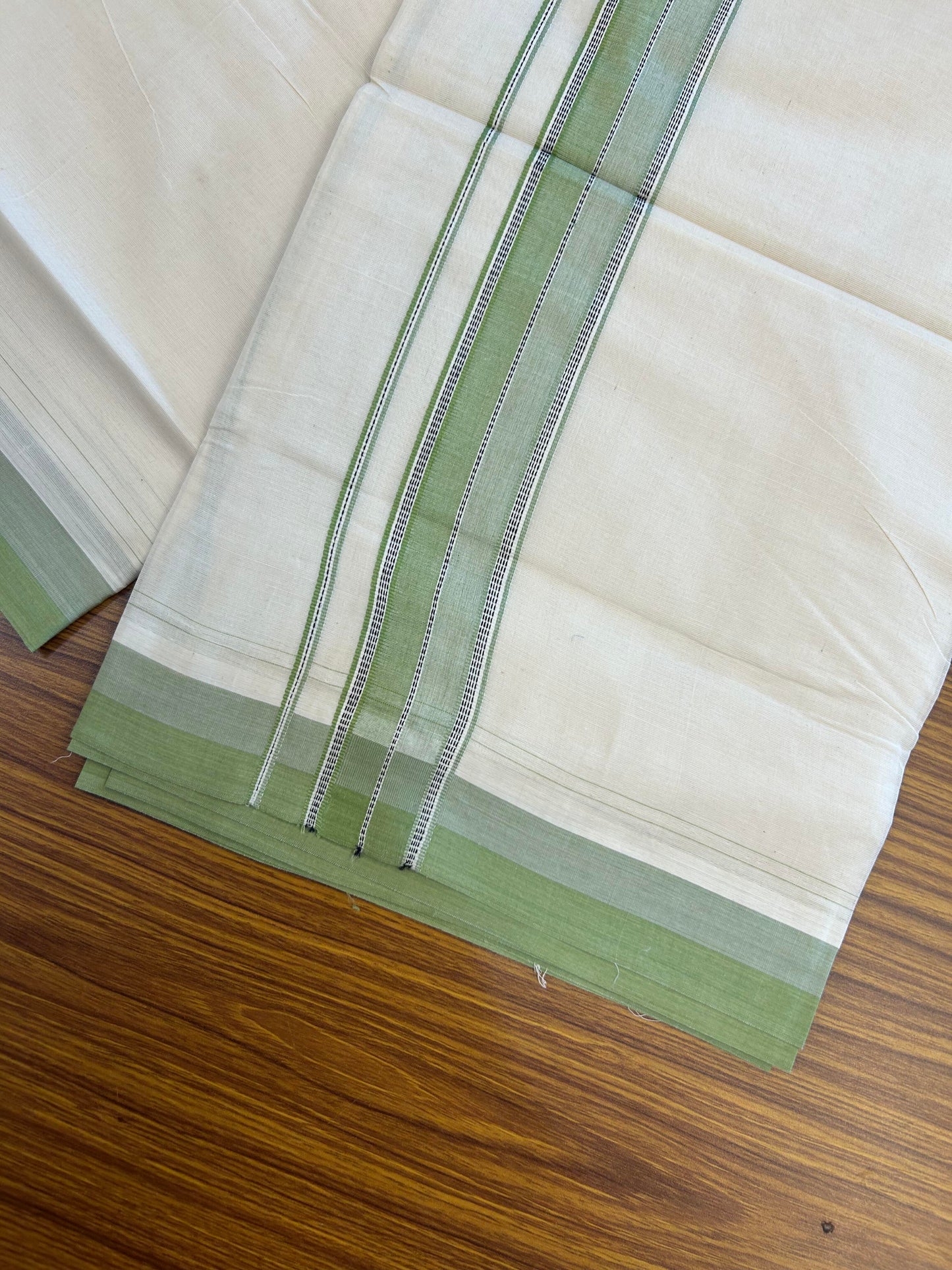 20% Discount ! KaithariKada Balaramapuram 100% Cotton Double Off White (Unbleached) - Mundu / Dhoti- 100x80 - 1.5 inch Black Pista Green & Mint Green Shaded Striped Kara 4 mtr (8.5 Muzham) - 20 KK5363 VIN