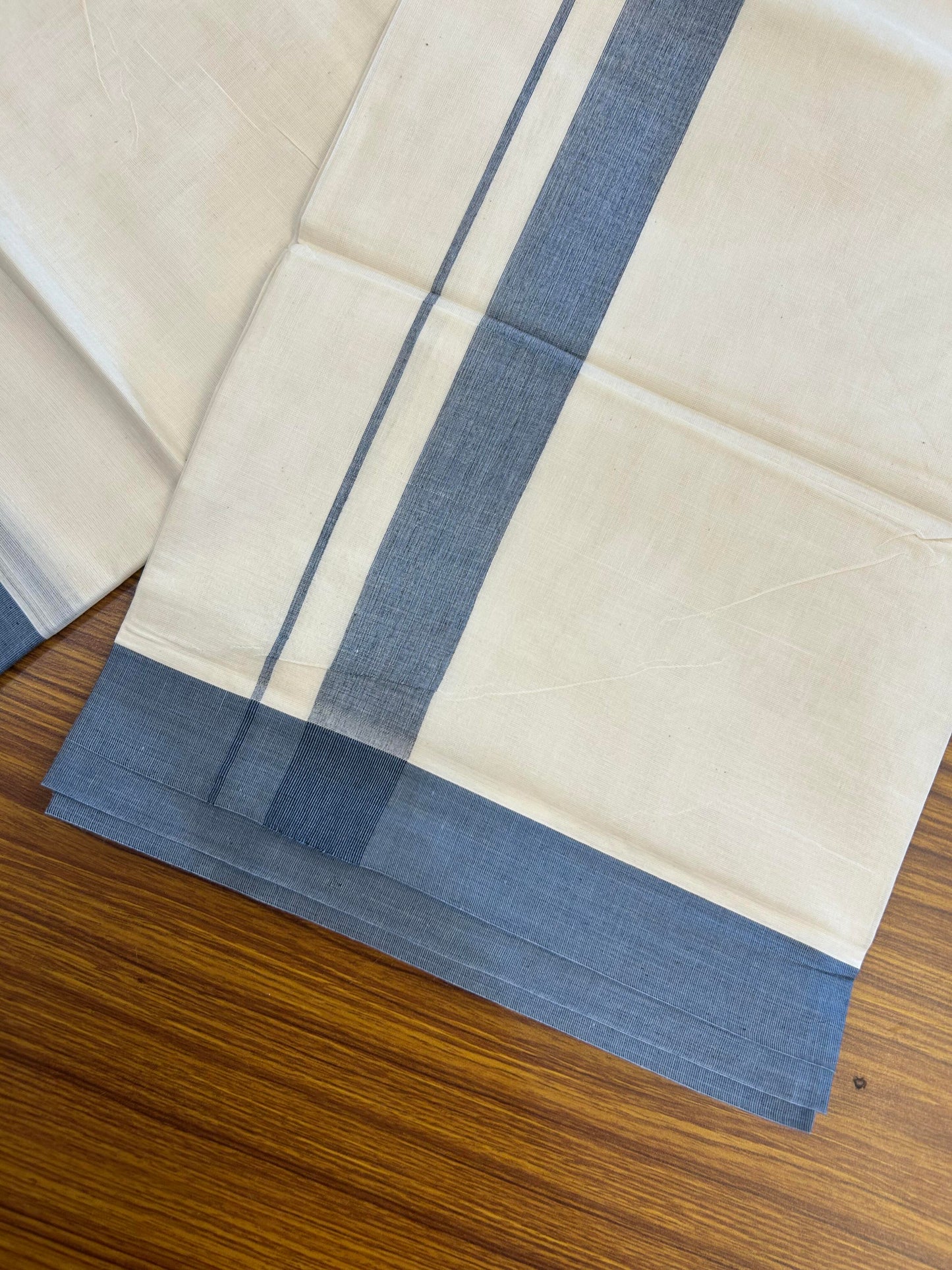 20% Discount ! KaithariKada Balaramapuram 100% Cotton Double Off White (Unbleached) - Mundu / Dhoti- 100x80 - 1.5 inch Black & Blue Shaded Kara 4 mtr (8.5 Muzham) - 1 KK5363 VIN