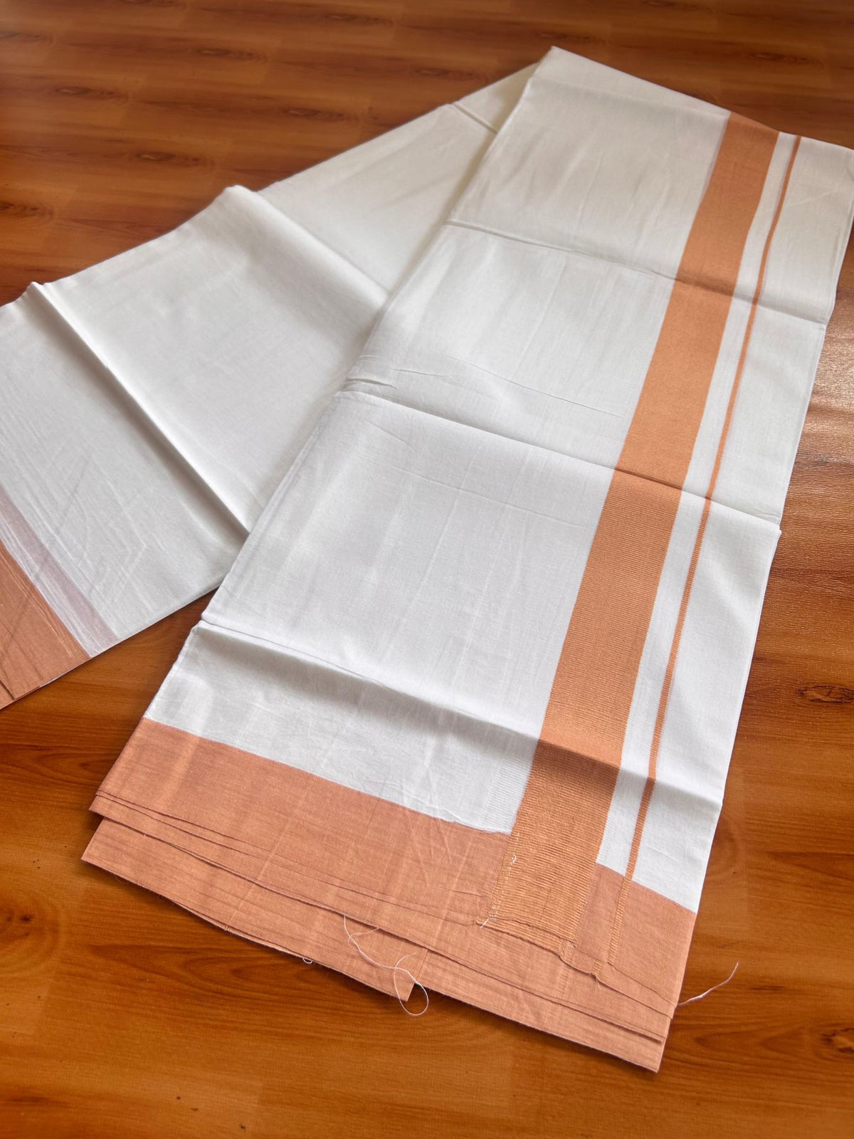 Pure White Double Mundu/Dhoti - 20% Discount ! Kaitharikada Pure Cotton - 100x80 - 1.5 inch Pestel Orange Kara 3.80 mtr (8 muzham) - 9 KK5523 MC