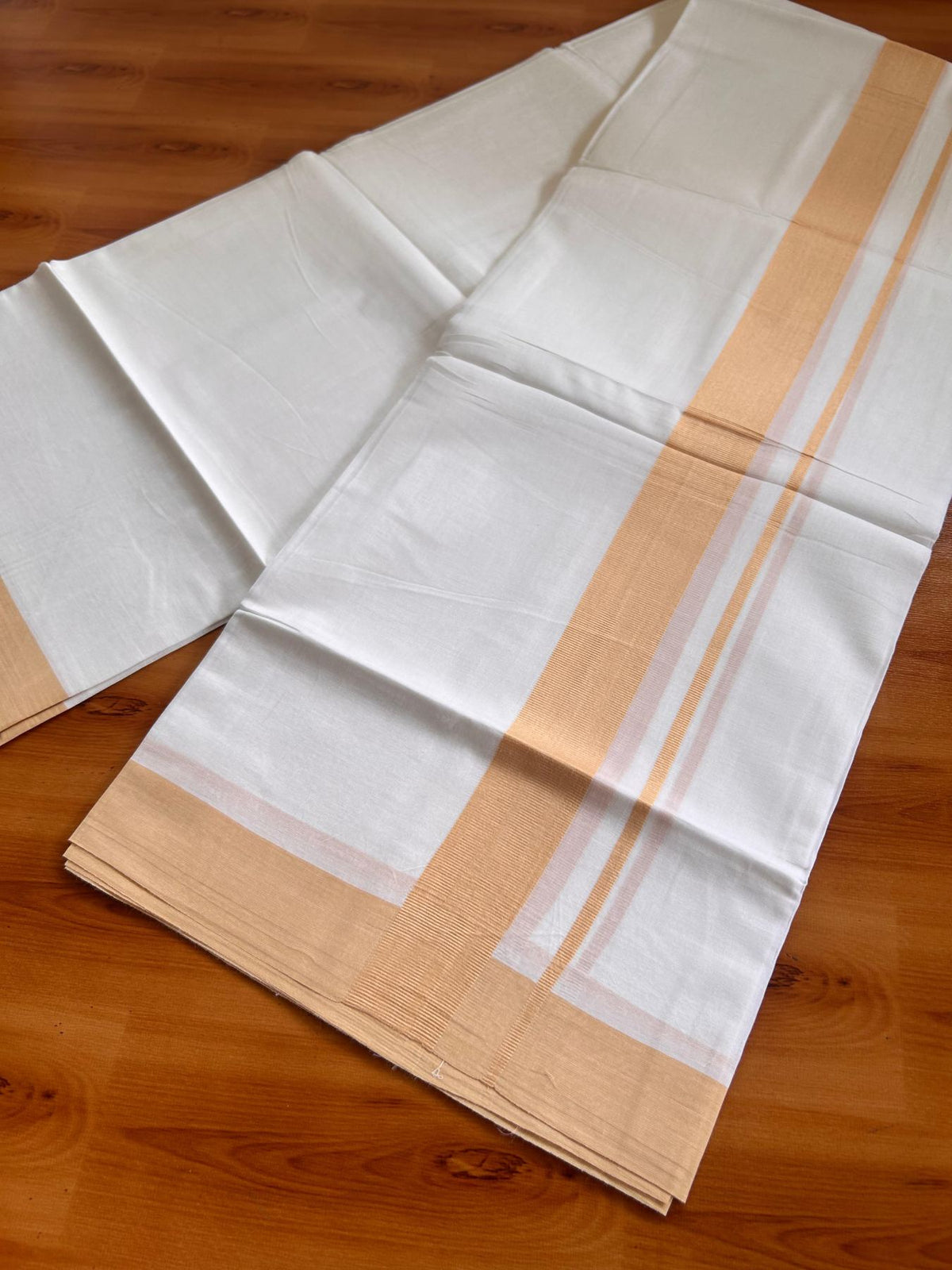 Pure White Double Mundu/Dhoti - 20% Discount ! Kaitharikada Pure Cotton - 100x80 - 1.5 inch Yellow Orange Kara 3.80 mtr (8 muzham) - 11 KK5523 MC