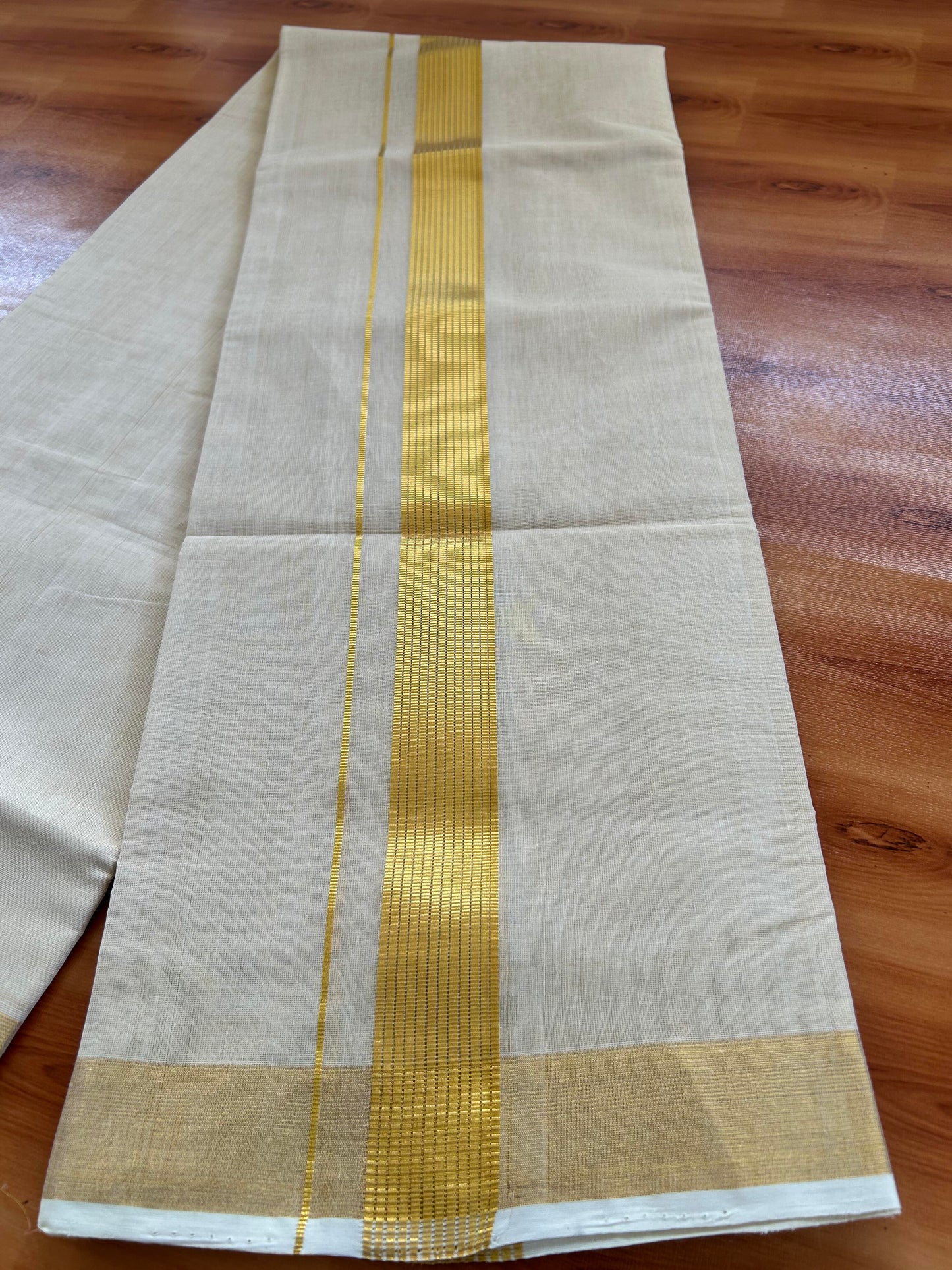 Double Off White - (Unbleached) Mundu/Dhoti -25% Discount! KaithariKada Handloom Millpaav Kerala Handloom - Pure Cotton - (80X78) - 1.5 inch Gold Kasav Striped Kara With Tissue Body 3.75 mtr (8 Muzham) - 8 KK5402 CED